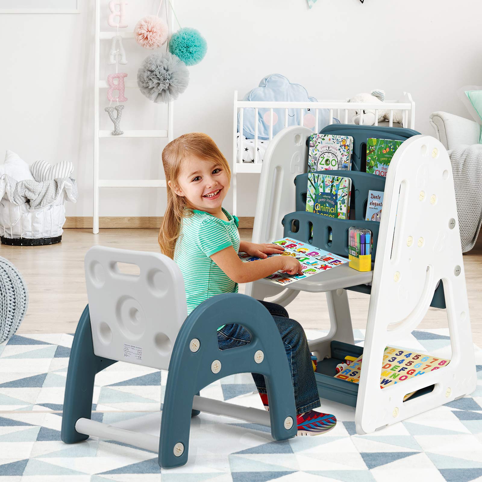 Costzon 3-in-1 Adjustable Kids Art Easel with Stool - Double-Sided Magnetic Whiteboard & Chalkboard, Foldable Desktop & Book Rack - Includes Alphabet & Number Magnets (Blue) - Perfect for Preschool Learning, Home Classroom & Creative Play