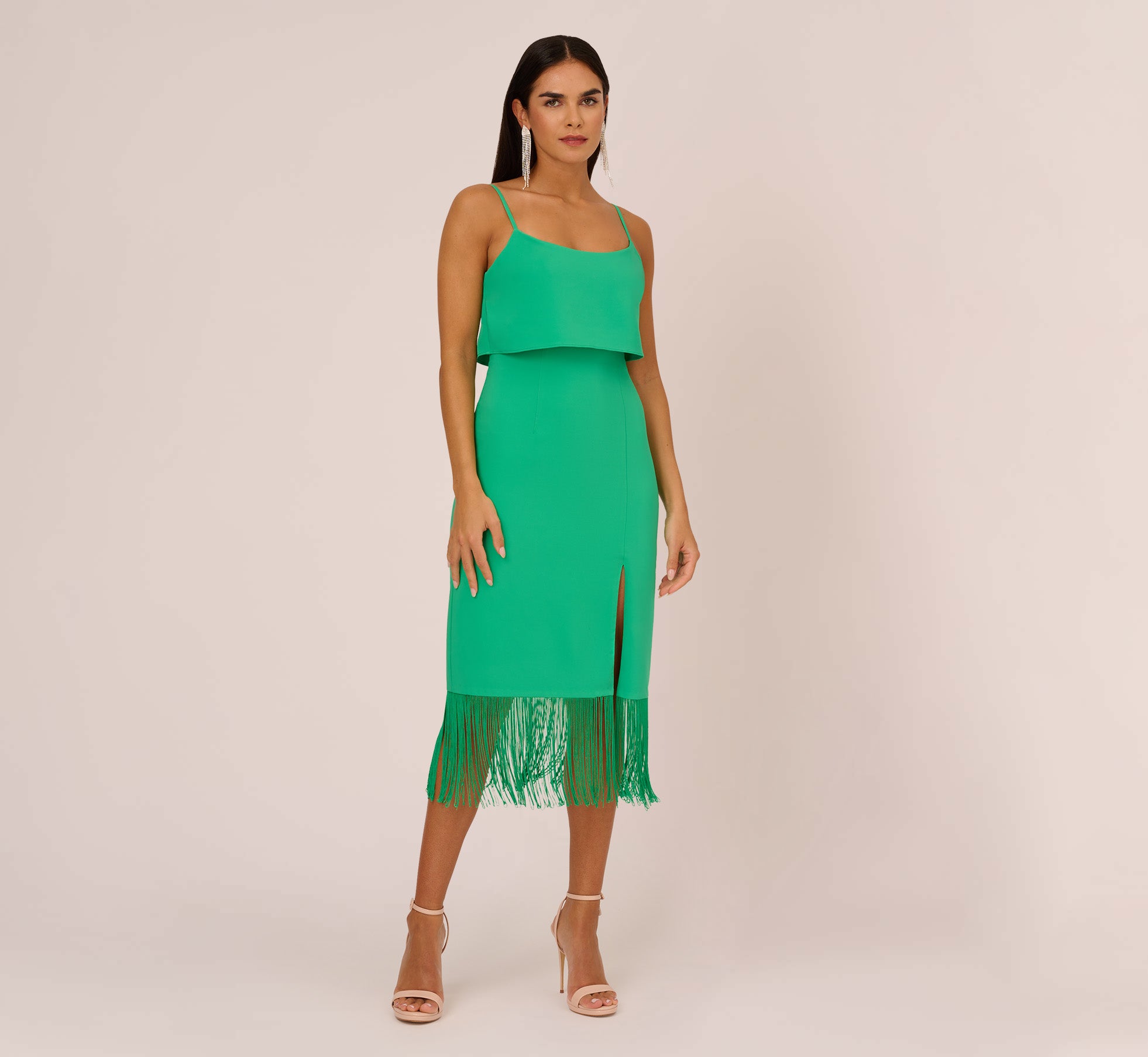 Stretch Crepe Popover Midi Dress with Fringe Hem in Summer Green | Flowy Boho Summer Dress for Beach Vacations, Date Nights & Outdoor Parties