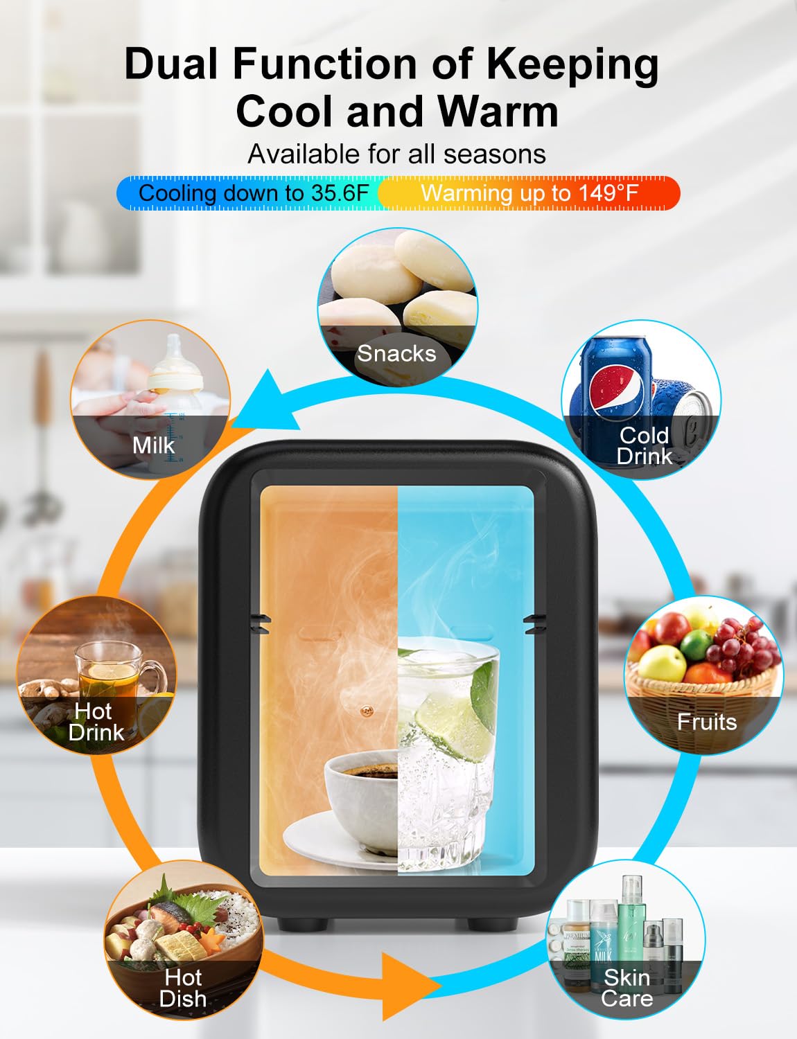 CROWNFUL 4L/6 Can Mini Fridge - Portable Skincare Cooler & Warmer with AC/12V DC Power for Bedroom, Car, Dorm & Office - Compact Personal Refrigerator for Food, Drinks & Beauty Products - ETL Certified Black