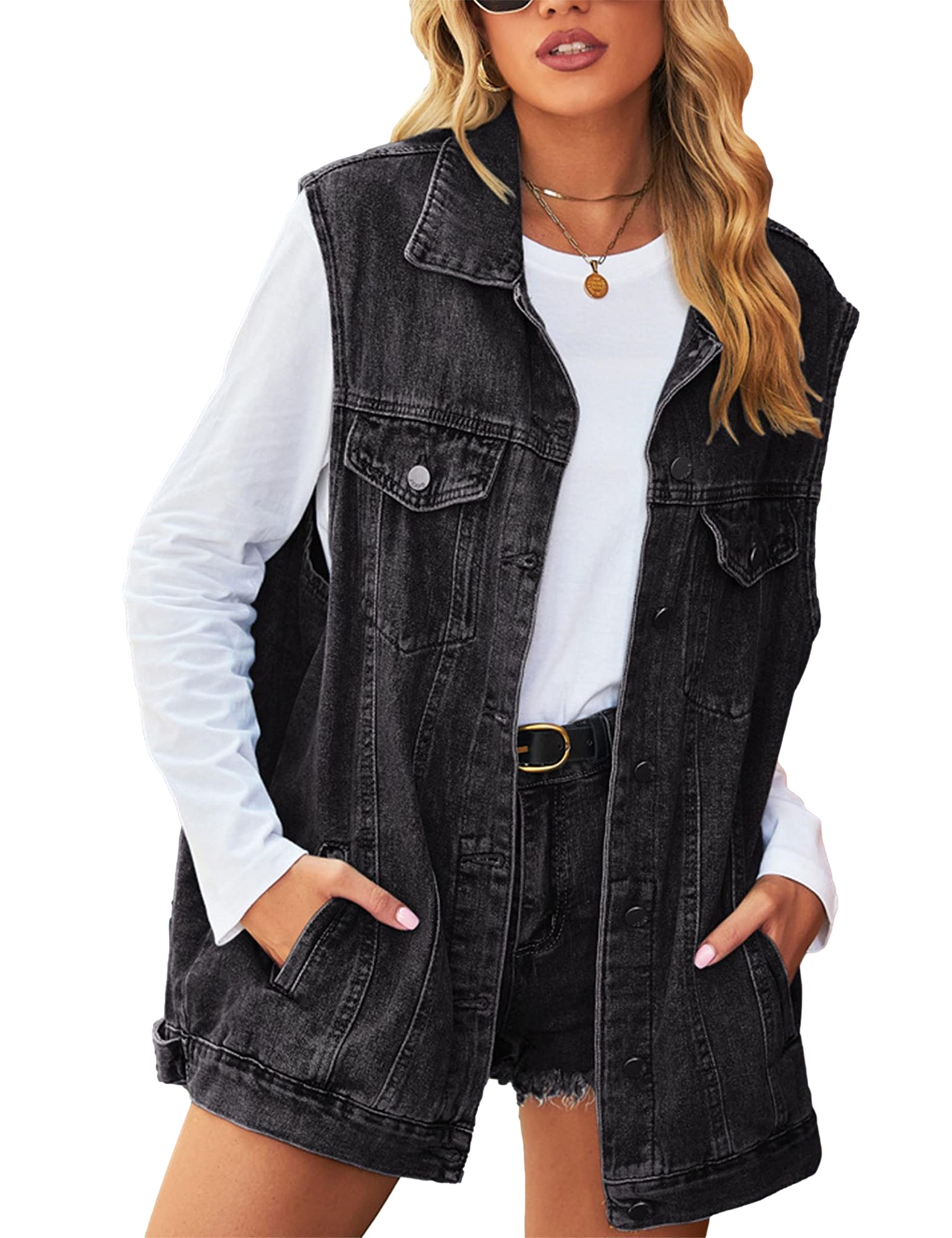Women's Oversized Denim Vest - Sleeveless Button Down Jean Waistcoat Shacket Jacket for Casual Outfits & Layering | Perfect for Spring, Summer & Fall Fashion