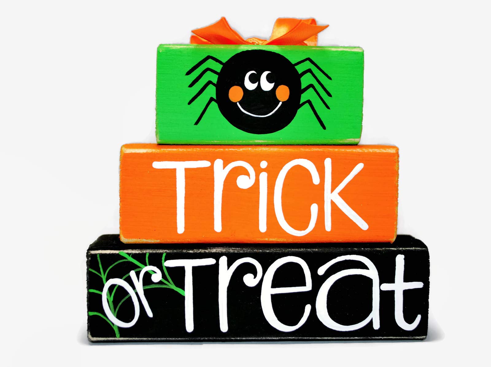 Halloween Trick or Treat Black Spider Wooden Block Shelf Sitter - Stackable Decor with Orange Web for Spooky Home & Party Decorations