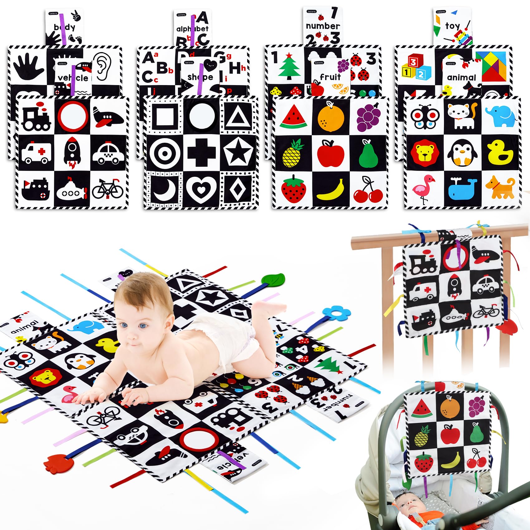 Beiens Baby Sensory Toys 0-18M - Crinkle Mirror & Play Mats Gift Set for Tummy Time