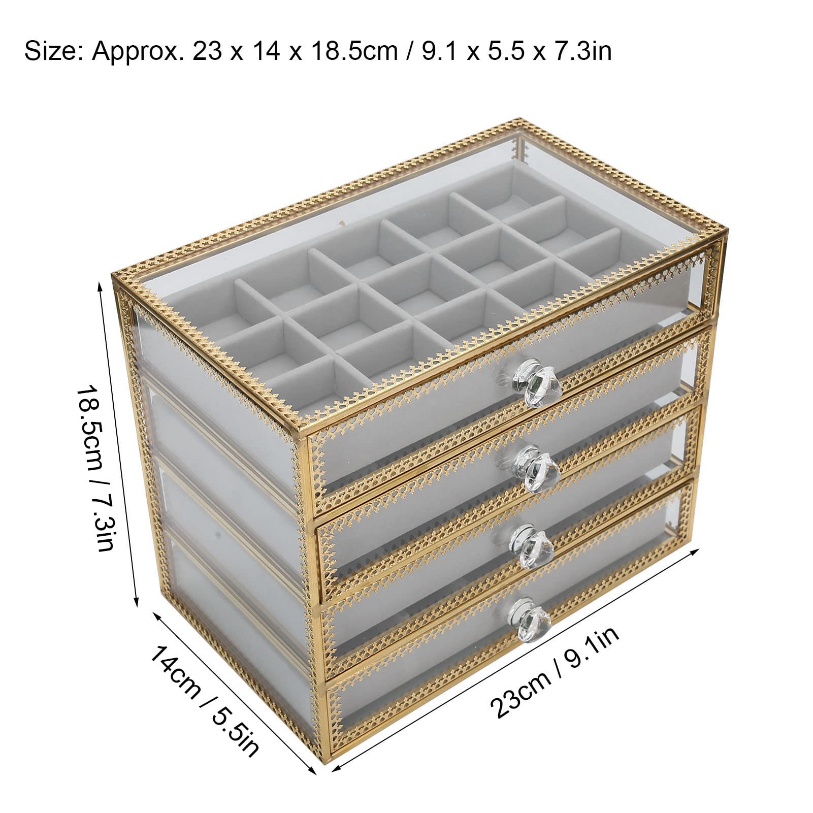 EXCLUZO 60 Grids Clear Glass Nail Art Organizer Box with 4 Drawers - Nail Polish & Jewelry Storage for Salon, Home, and Mall Counter Display