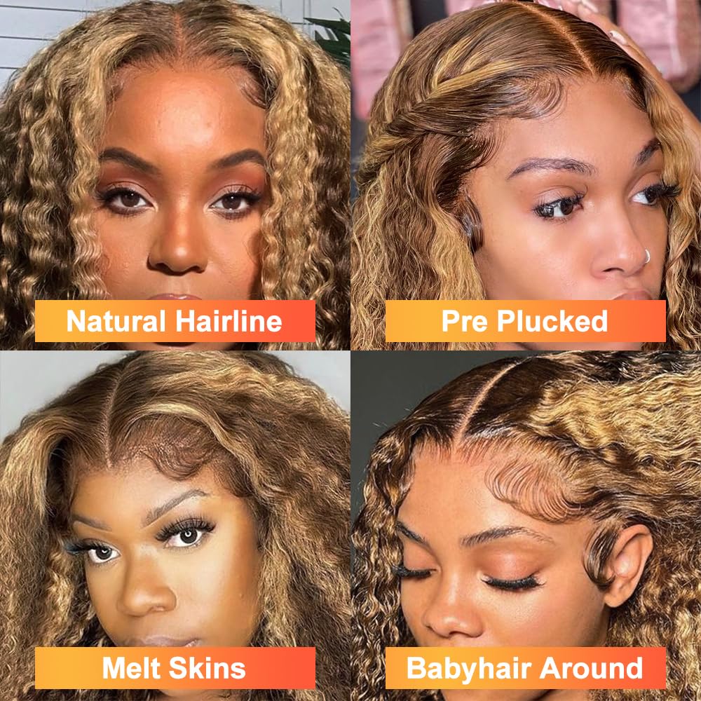 LuAiJa 28inch 13x4 HD Lace Front Wig - 180% Density Ombre Curly Human Hair Wig with Baby Hair & Pre-Plucked Hairline | Highlighted Deep Wave Wigs for Women | Perfect for Parties, Weddings & Daily Styling
