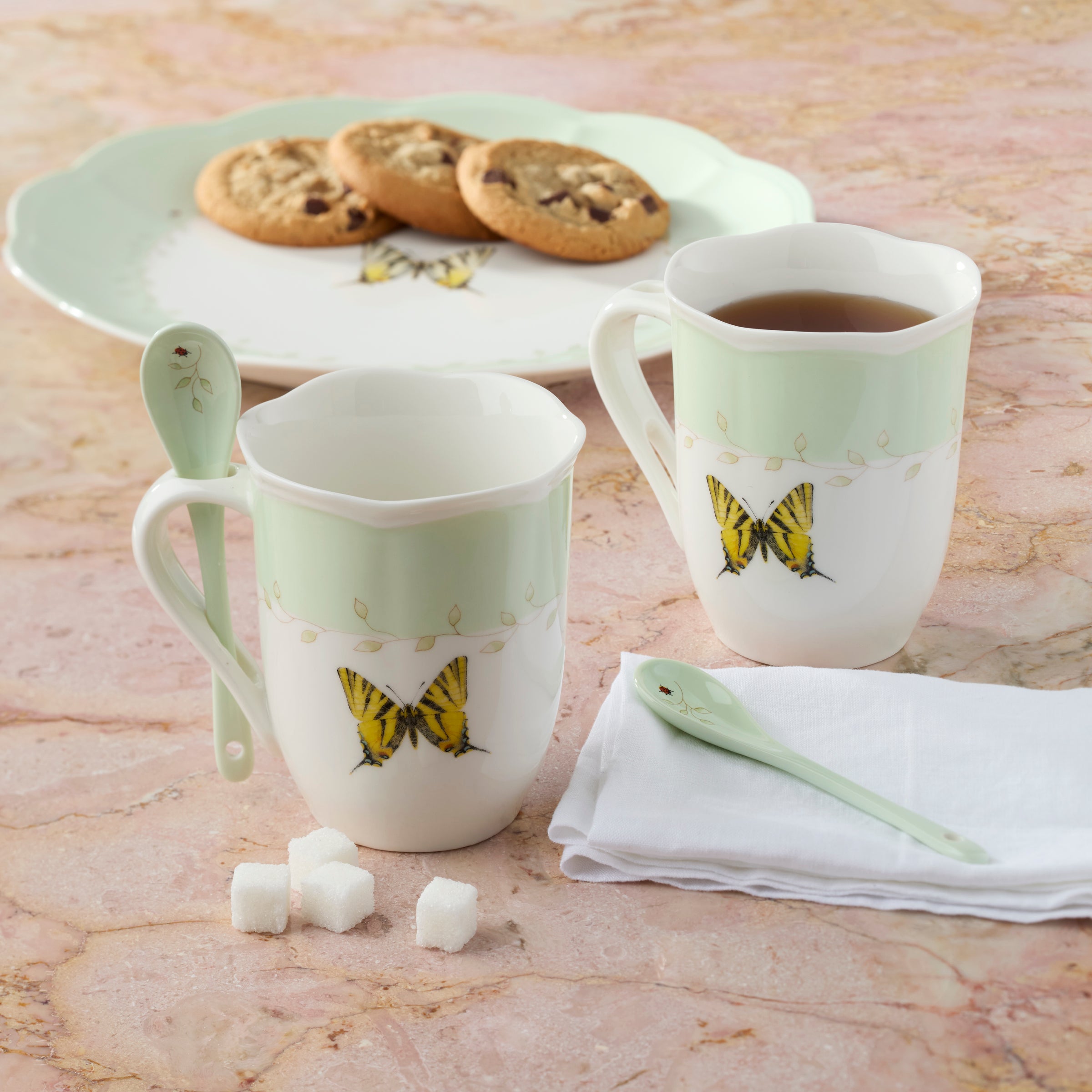 Butterfly Meadow Green Coffee Mugs with Spoons - Set of 2 Ceramic Tea Cups for Home, Office & Gift Giving | Perfect for Morning Coffee, Afternoon Tea & Cozy Moments