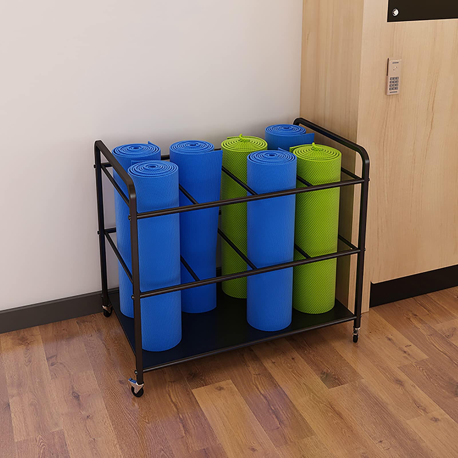 Premium Black Metal Yoga Mat Storage Cart with Lockable Wheels - Heavy Duty Foam Roller Organizer Rack for Gym & Yoga Studio - Perfect for Home Fitness Equipment Organization