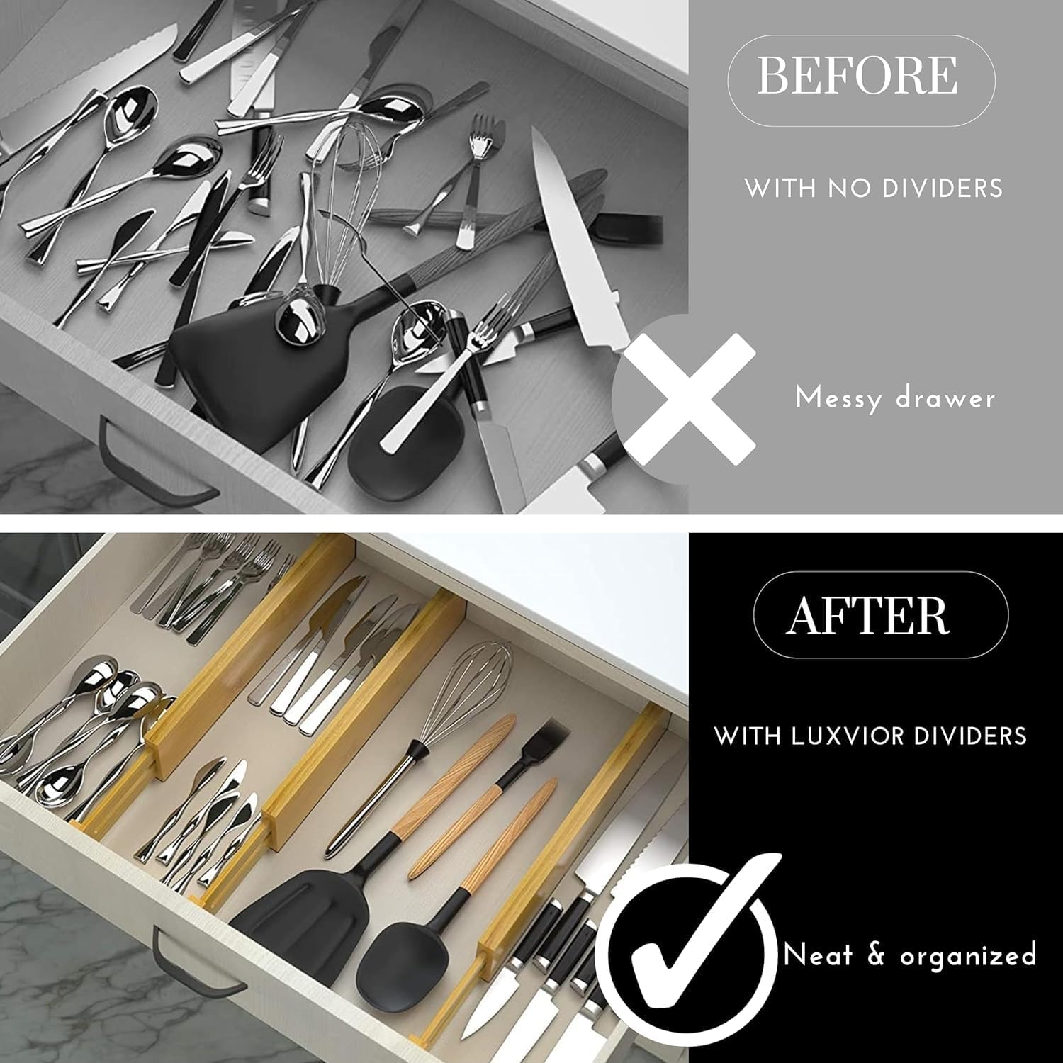Expandable Bamboo Drawer Organizers 8-Pack with Labels (17-22 Inches) - Kitchen Utensil & Silverware Organizer, Dresser & Closet Dividers, Office Desk Storage Solution for Home Organization