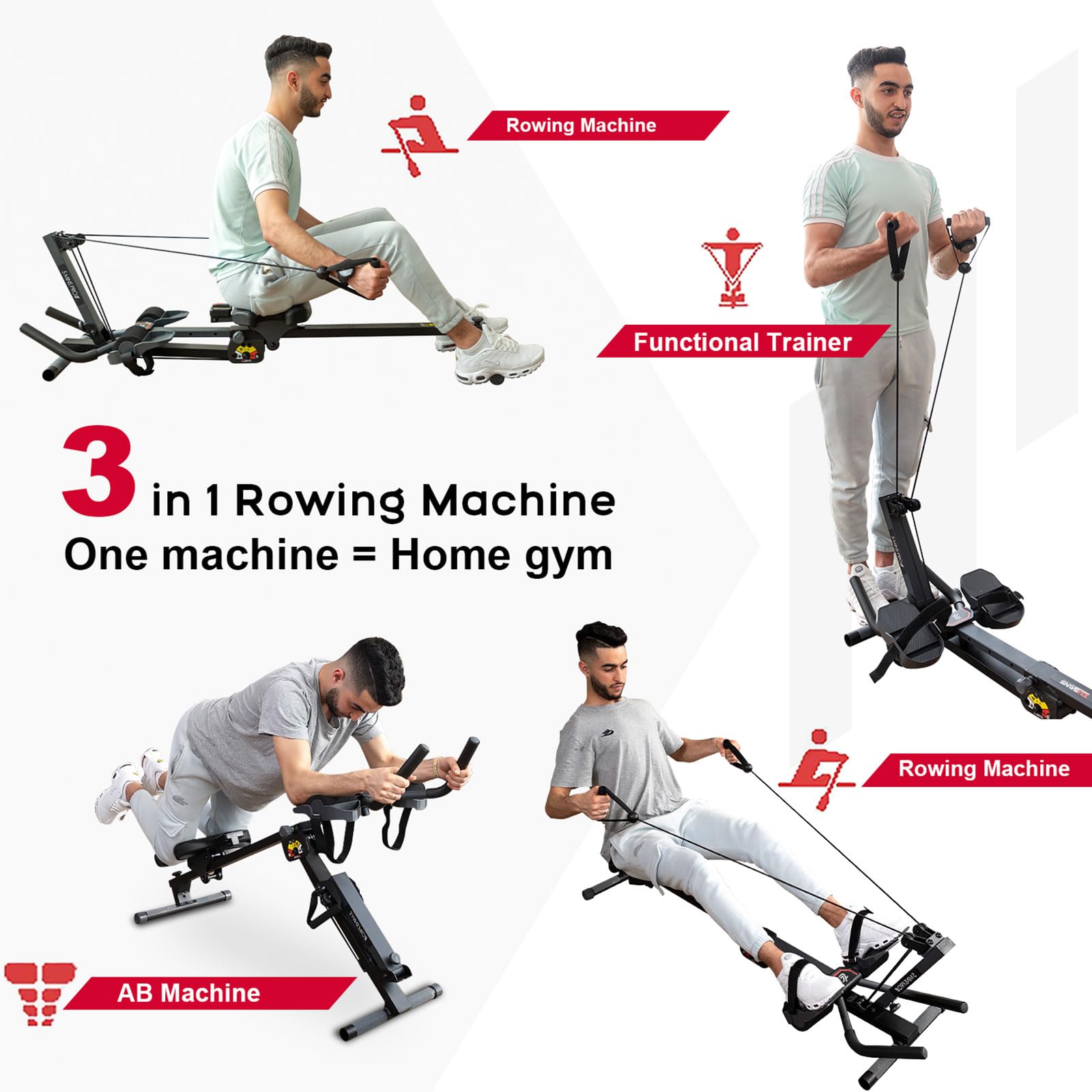 TOUSAINS 3-in-1 Foldable Rowing Machine with Resistance Bands - Full Body Workout Equipment for Home Gym, Ab Trainer & Cardio Exercise - Perfect for Small Spaces & Indoor Fitness (Black)