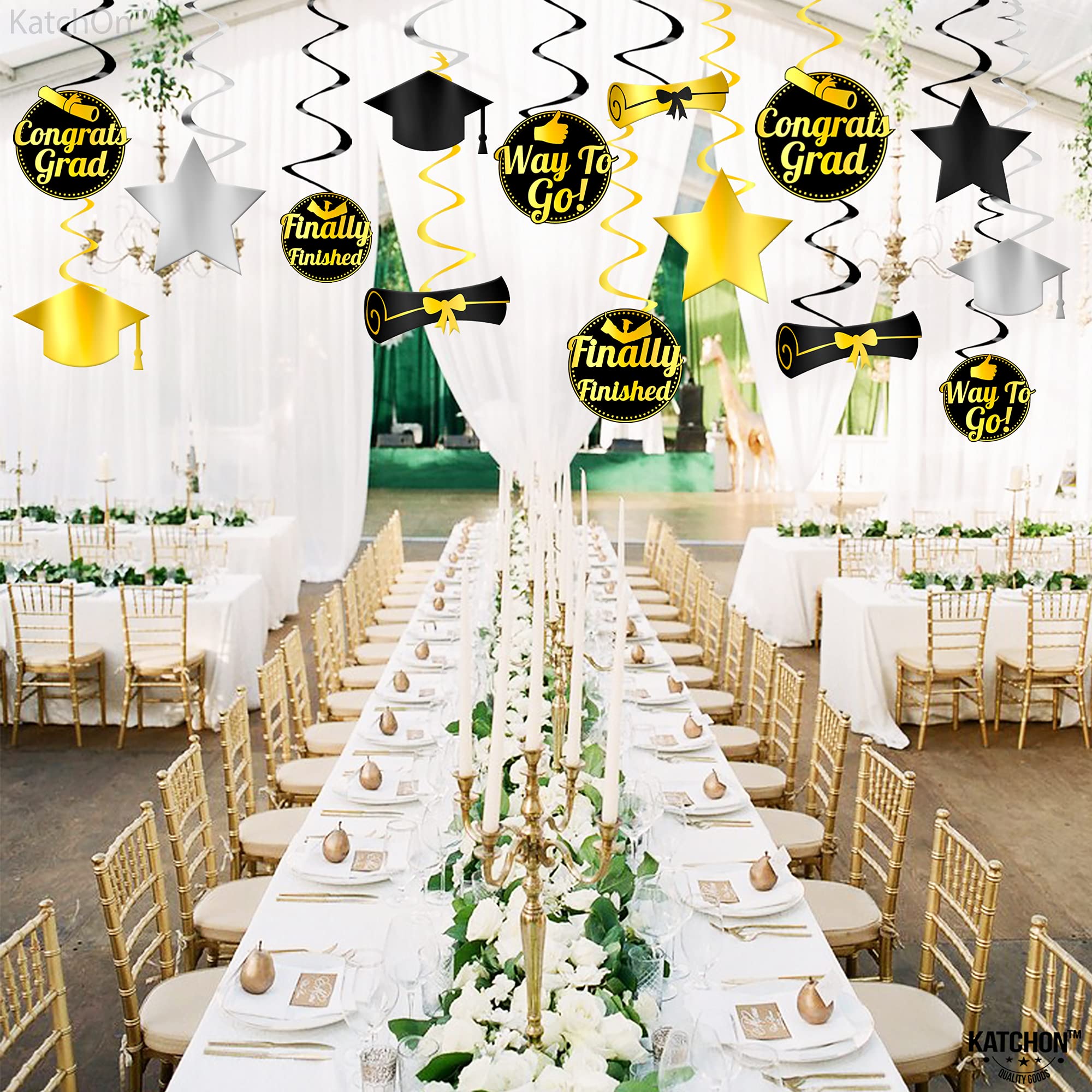 KatchOn Graduation Hanging Decorations - 30 Pack Black & Gold Swirl Ceiling Decor for 2025 Graduation Party | Perfect for Classrooms, Halls & Graduation Ceremonies