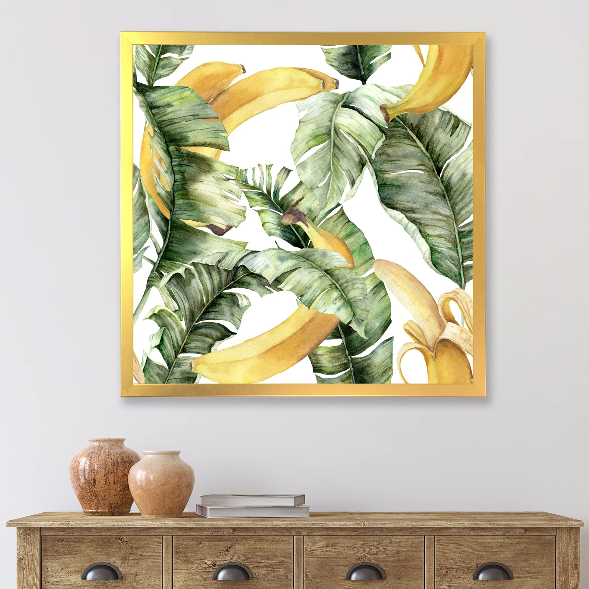 DesignQ Ripe Bananas With Leaves Nautical & Coastal Framed Wall Art - Tropical Beach House Decor for Living Room, Bedroom & Bathroom