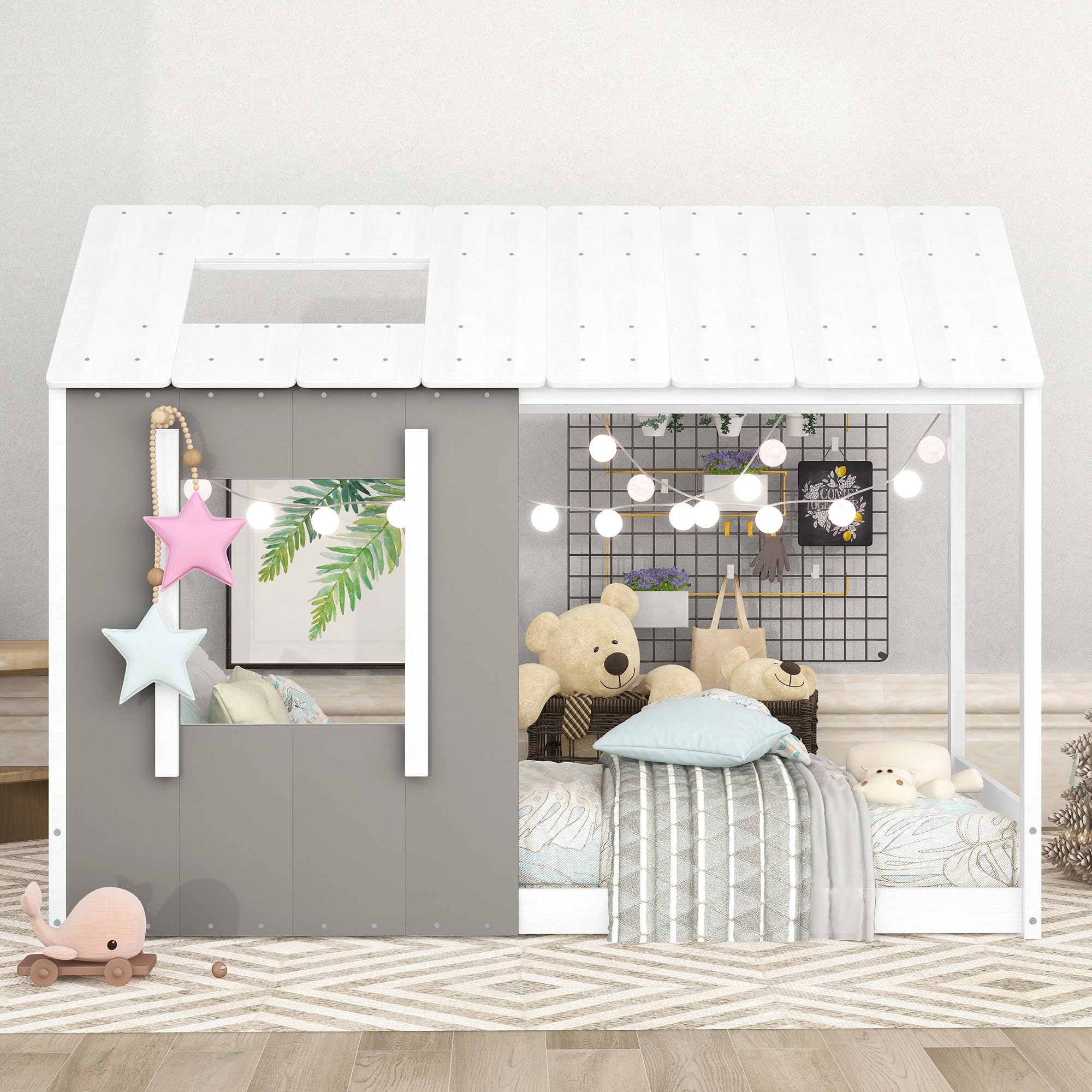 Montessori Twin Size Floor Bed Frame for Kids - Wooden House Design with Headboard, Roof & Window - Grey & Antique White - Perfect for Toddler Rooms, Daycare Centers & Montessori Classrooms