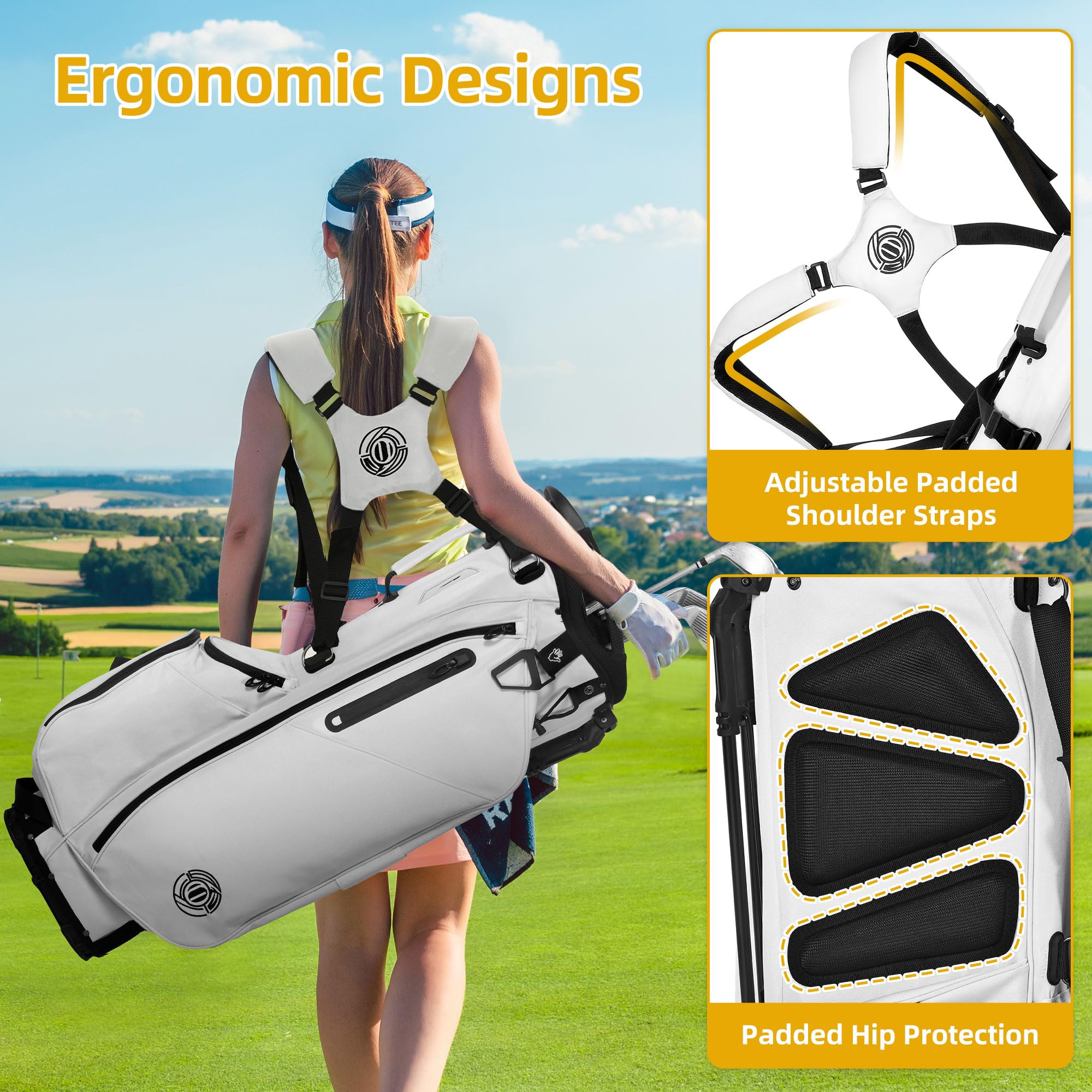 DWVO 14-Way Lightweight Golf Stand Bag with Padded Ergonomic Double Strap - Full Length Dividers & Rain Hood - Perfect for Men & Women Golfers on the Course or Driving Range