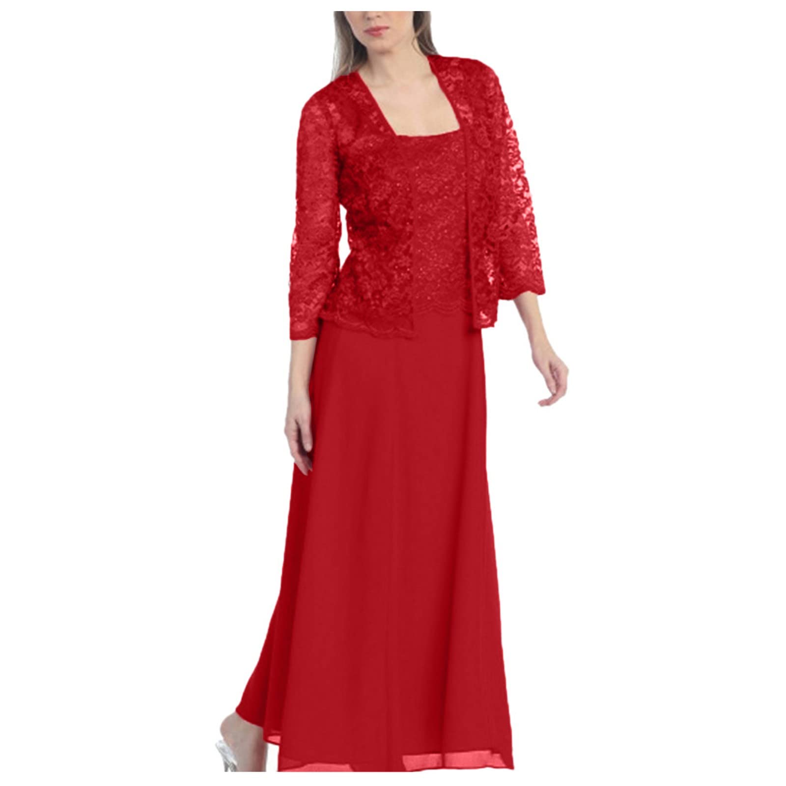 Elegant Red Two-Piece Lace Cardigan Chiffon Maxi Dress for Wedding Guest, Mother of The Bride & Bridesmaid - Formal Long Dress for Special Occasions, Parties & Evening Events - Size 2XL
