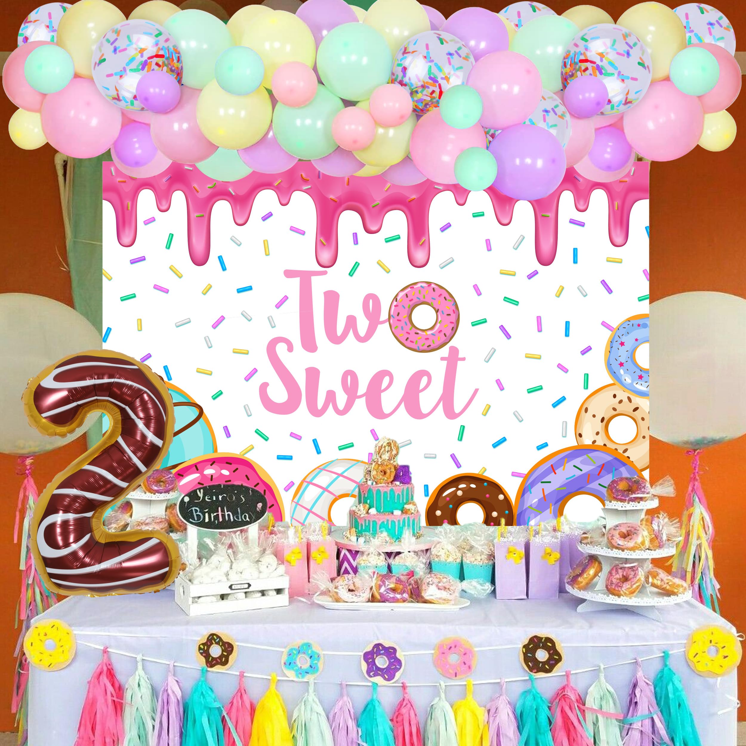 Donut Themed 2nd Birthday Party Decorations for Girls - Sweet Macaron Balloon Garland Kit with 5x3ft Backdrop & Number 2 Foil Balloon | Perfect for Baby Girl's Birthday, First Birthday, Donut Party & Photo Booth Decor