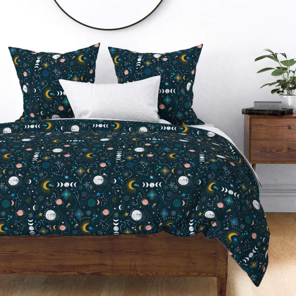 Custom Night Sky Astrology Duvet Cover - King/California King Size Cotton Sateen Bedding with Zodiac, Sun Signs, Constellations & Planets Print | Perfect for Astronomy Lovers & Celestial Themed Bedrooms