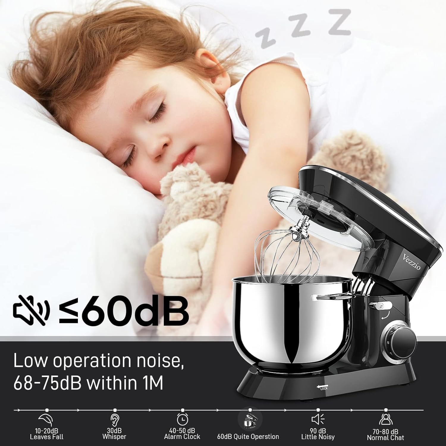 Vezzio 660W 10-Speed Tilt-Head Stand Mixer with 9.5 Qt Stainless Steel Bowl - Dishwasher Safe Attachments for Baking, Whipping, Kneading Dough - Perfect for Cakes, Cookies, Bread Making in Home Kitchens (Black)