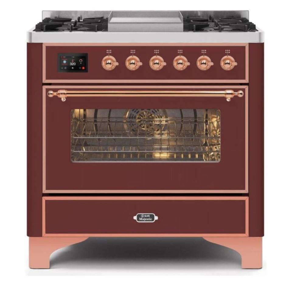 ILVE 36 Inch Majestic II Series Dual Fuel Natural Gas Range - 6 Burners with Griddle, 3.5 cu.ft Oven Capacity, TFT Display (UM09FDNS3) - Perfect for Home Kitchens & Professional Chefs