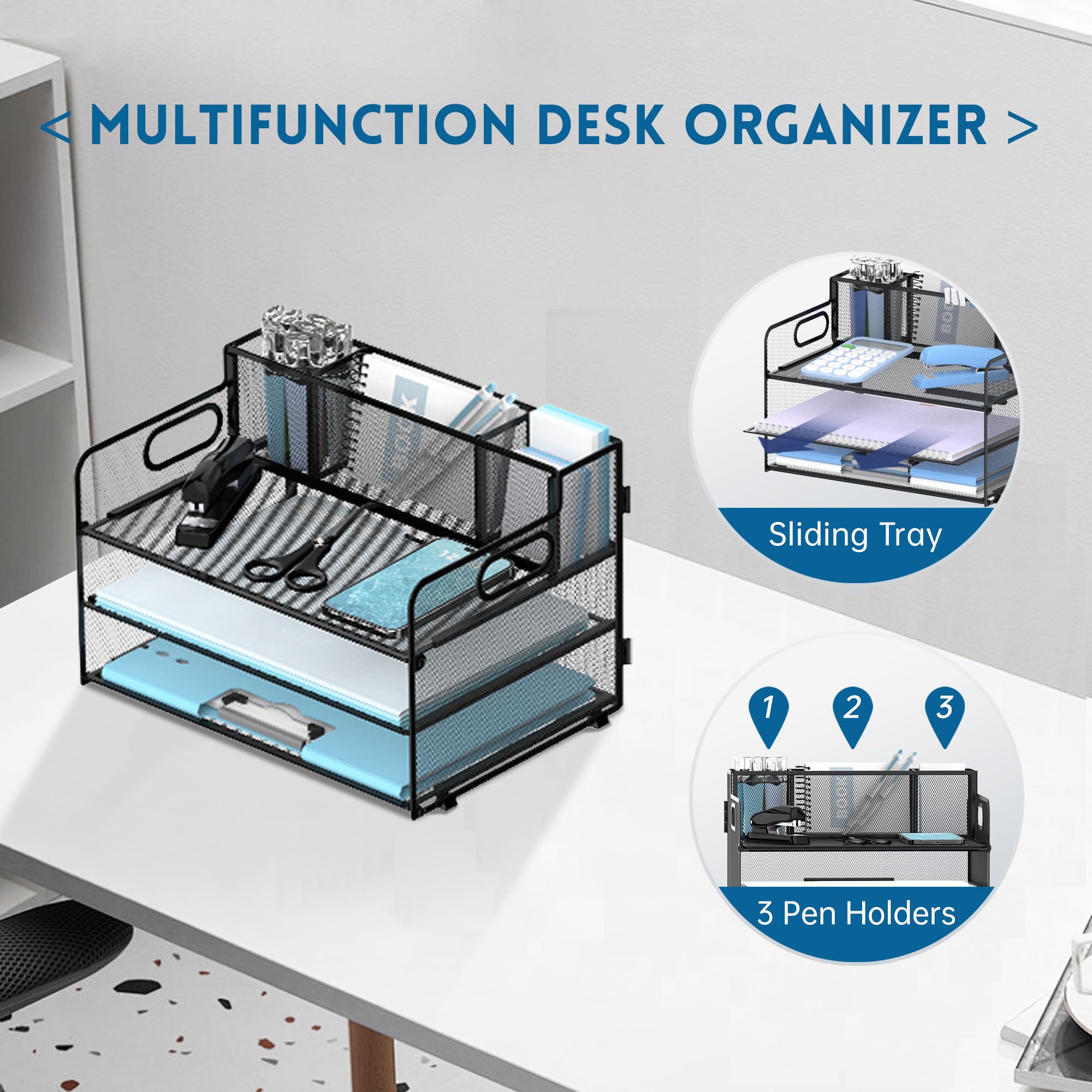 3-Tier Mesh Paper Letter Tray Organizer with Pen Holder & Handle - Black Office Desk File Sorter for Mail, Documents & Workspace Organization - Perfect for Home Office, School & Professional Workspaces