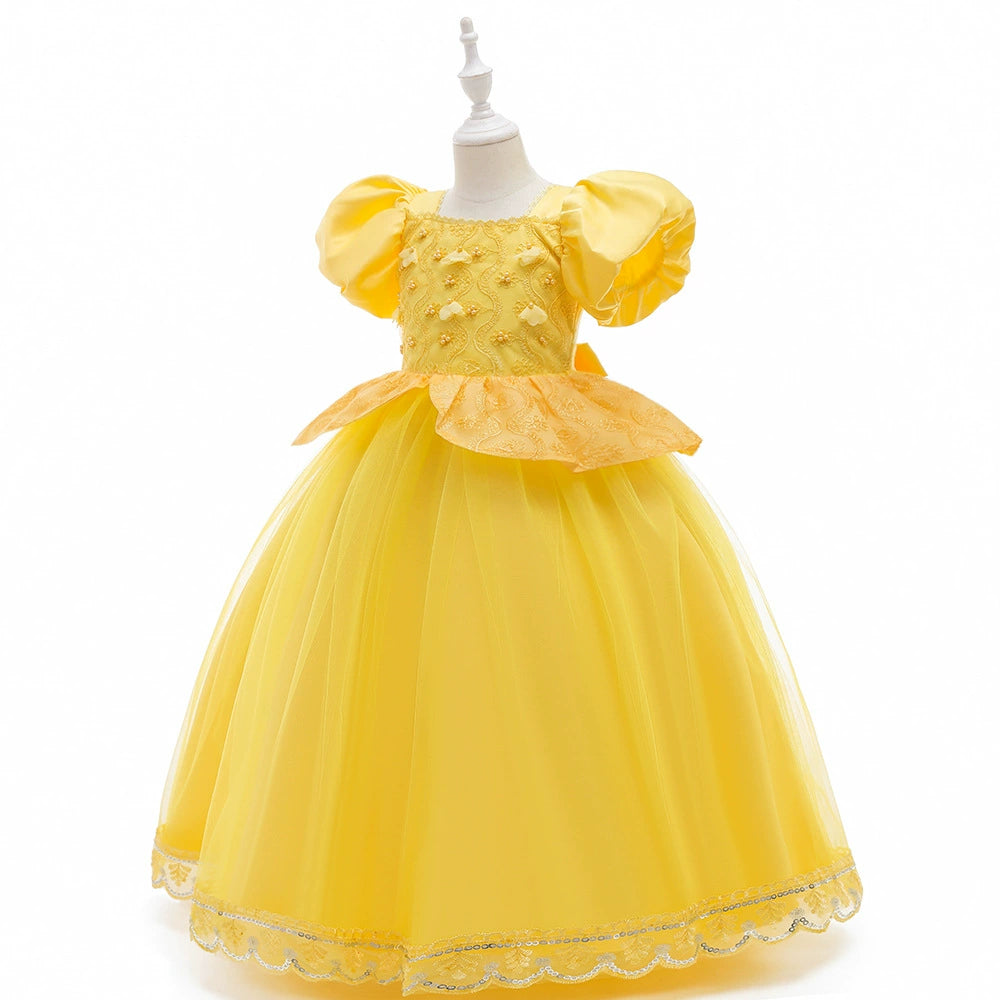 Yellow Princess Square Neck Floor Length Lace Flower Girl Dress for Weddings, Baptisms & Special Occasions
