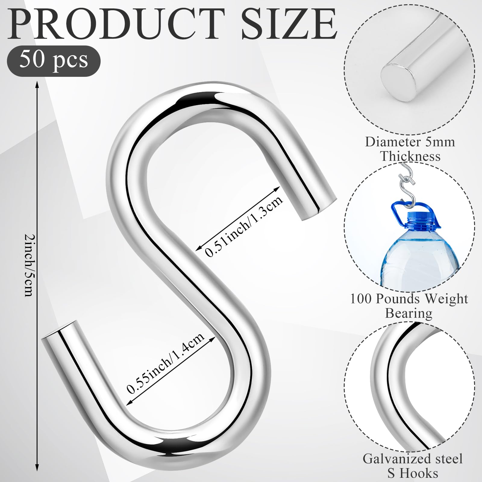 50 Pcs Heavy Duty S Hooks - 2 Inch Long, 1/4 Inch Thick Zinc Plated Utility Hooks for Hanging Hammocks, Swings, Buckets, Mesh Bags - Perfect for Garage, Garden, Home Organization & Outdoor Use