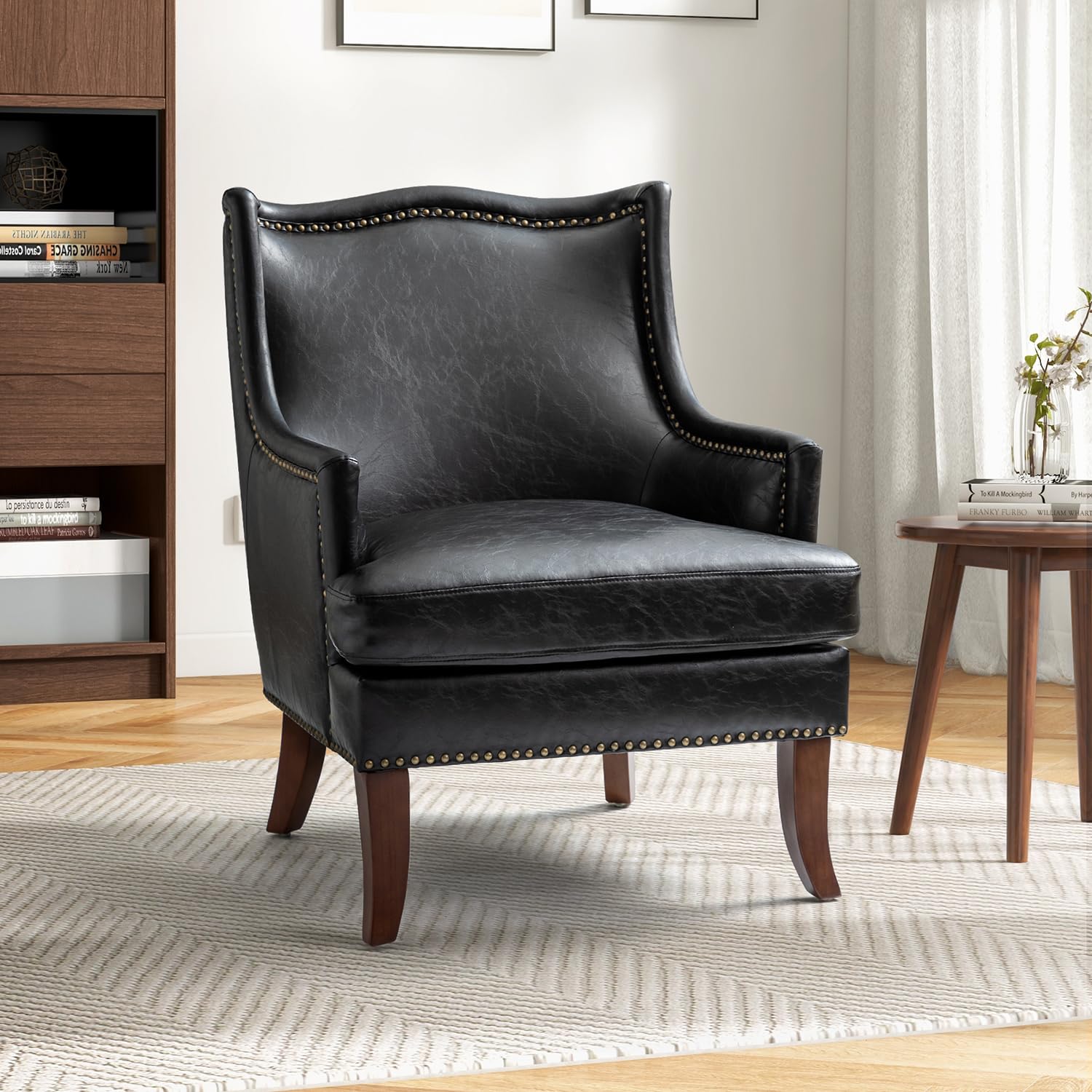 Mid-Century Modern Faux Leather Armchair with Nailhead Trim & Solid Wood Legs - Black Accent Chair for Living Room, Reading Nook, Home Office & Lounge Areas