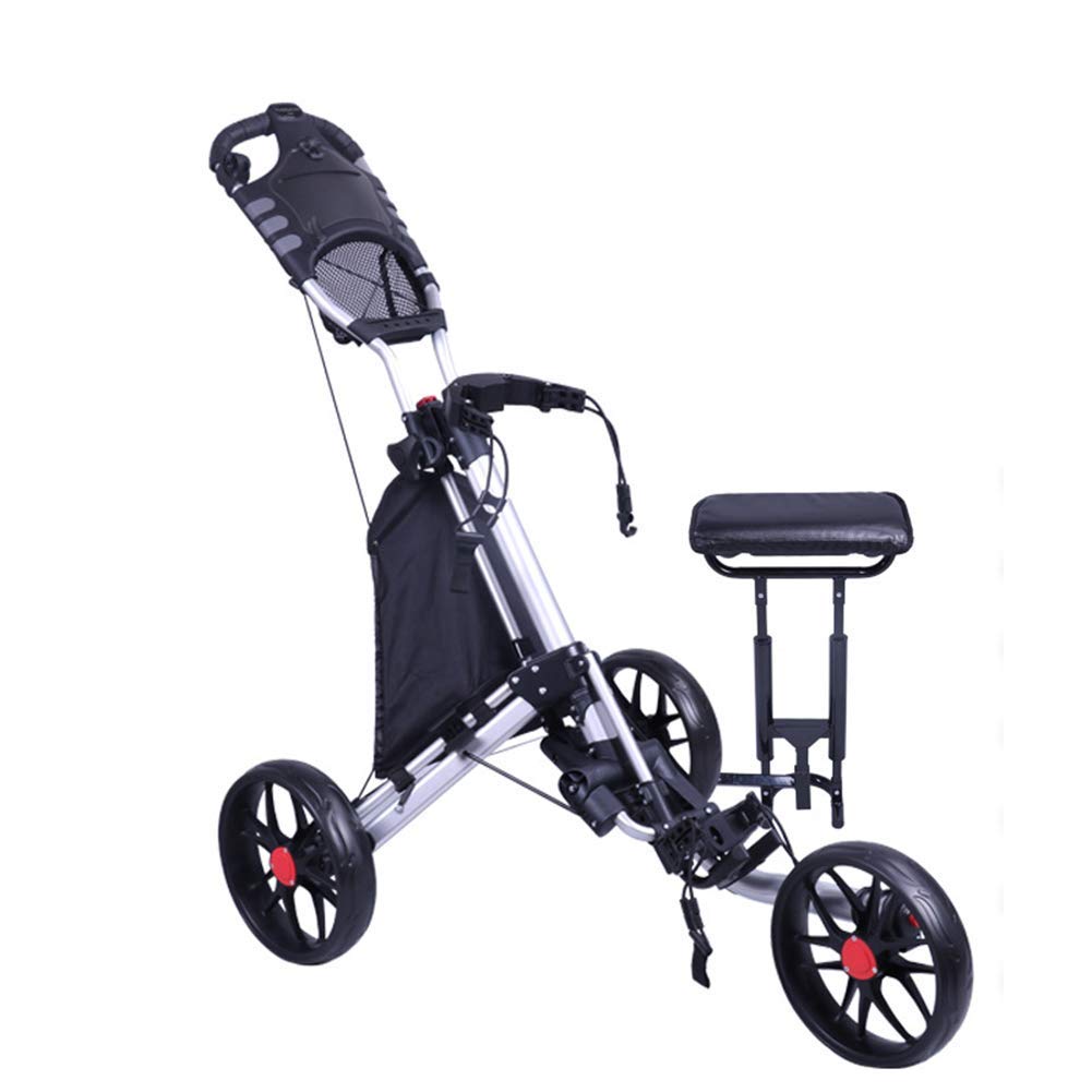 JLDN 3-Wheel Golf Push Cart with Seat, Umbrella Holder & Cup Holder - Foldable, Swivel & Foot Brake Golf Trolley for Men & Women - Perfect for Golf Courses, Driving Ranges & Outdoor Practice (Black)