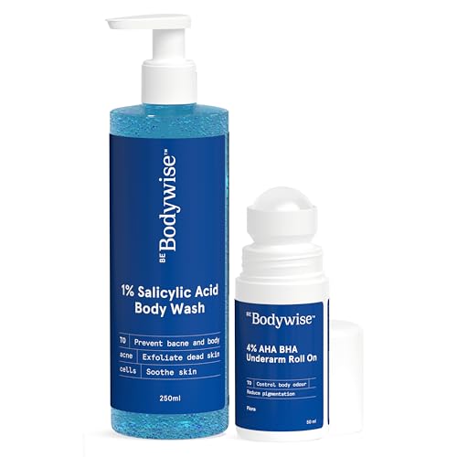 Be Bodywise 4% AHA BHA Underarm Roll-On (50ml) & 1% Salicylic Acid Body Wash (250ml) - Reduces Body Acne, Dark Spots, Odor & Improves Skin Texture | Paraben & SLS Free | For Smooth Underarms & Clear Skin | Perfect for Daily Skincare Routine & Post-Workout Refresh
