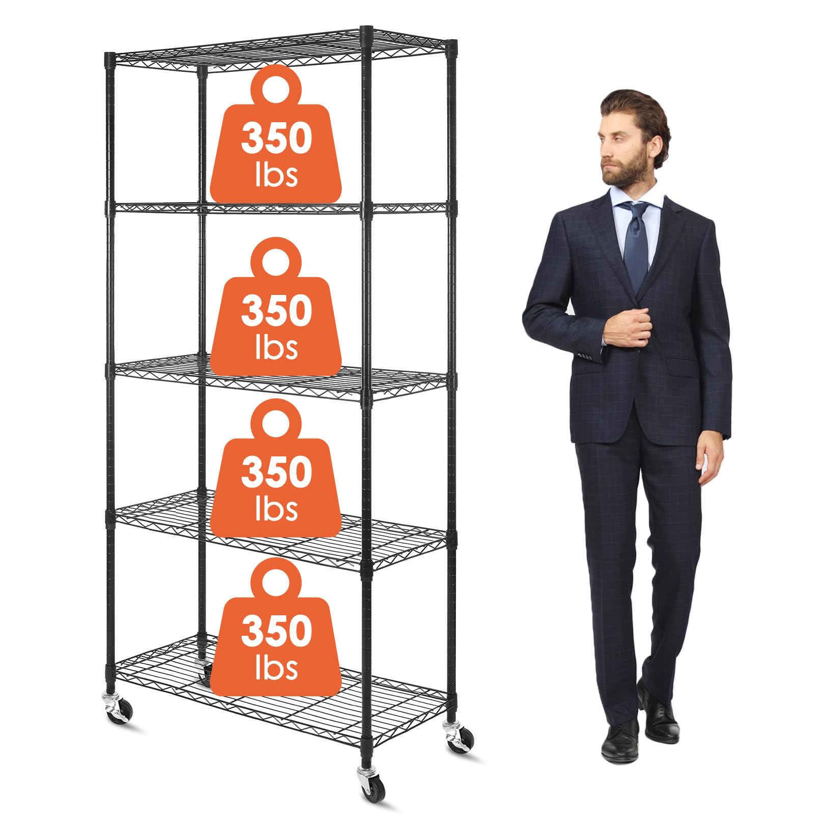 5-Tier Heavy Duty Metal Shelving Unit with Wheels - Adjustable NSF Wire Storage Rack for Kitchen, Garage & Warehouse - 350lbs Capacity Per Shelf (36