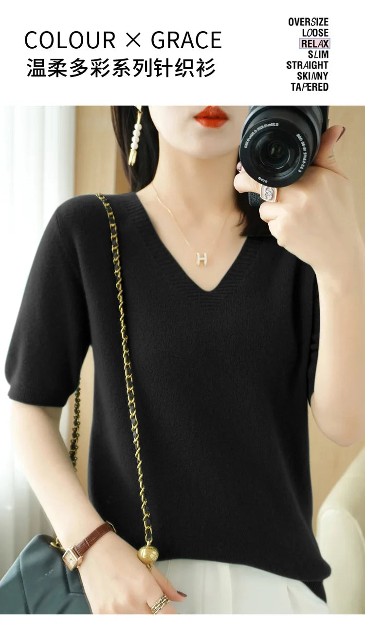 Solid Color V-Neck Half-Sleeve Cashmere Sweater for Women - Soft Thin Knit Casual Top for Office Wear & Fall Layering