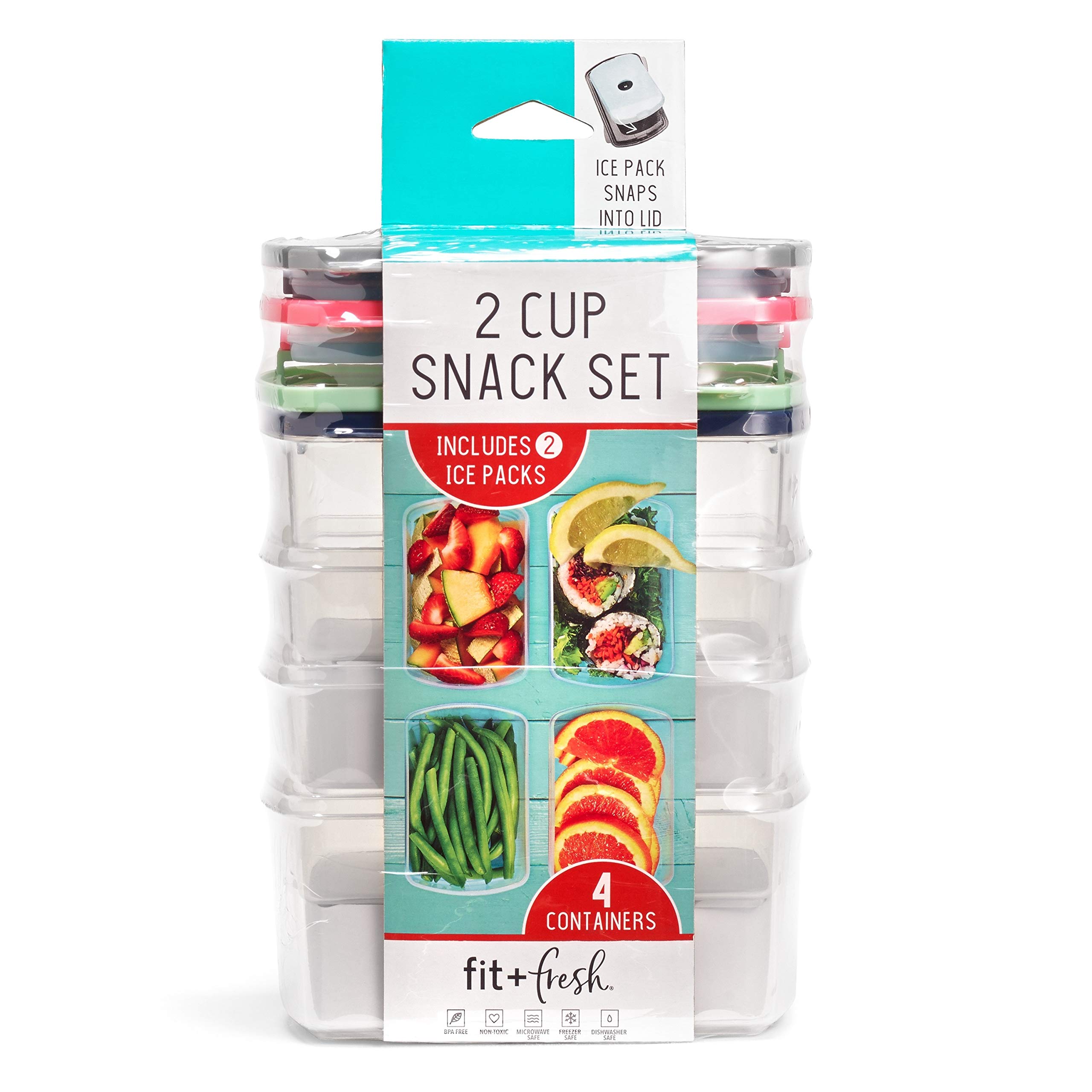Fit & Fresh 16 oz Small Plastic Food Storage Containers with Lids - 4 Pack Reusable Leakproof Snack Containers for Adults & Kids - Perfect for Salads, Dressings, Condiments & On-the-Go Meals - Includes 2 Attachable Ice Packs for Freshness