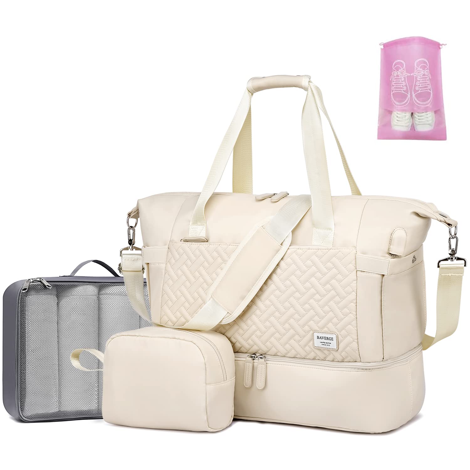 BAVERGE Women's Weekender Travel Bag with Shoe Compartment & USB Charging Port - Gym Tote Bag with Trolley Sleeve - Perfect for Weekend Getaways, Gym Workouts, and Business Trips