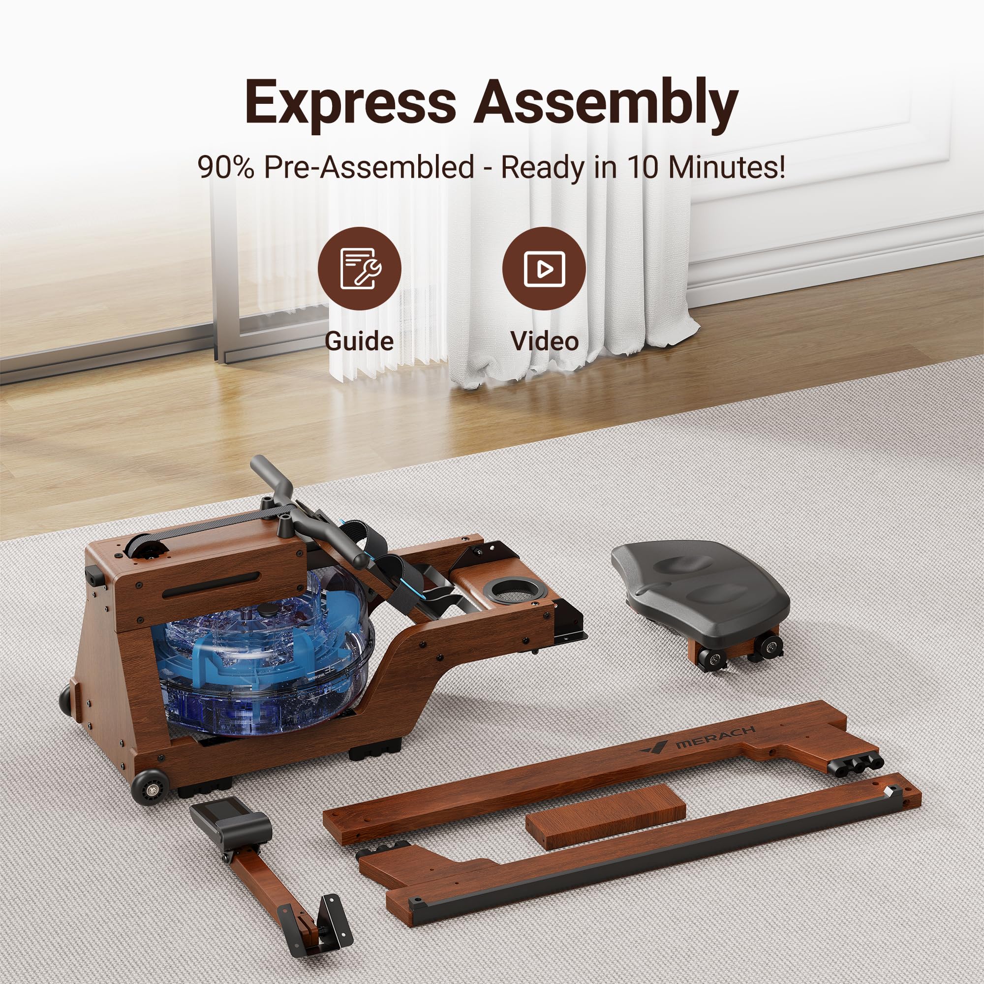 MERACH Foldable Water Rowing Machine for Home - 400LBS Weight Capacity with LCD Monitor & Comfortable Seat - Free MERACH Fitness App - Perfect for Home Gym, Cardio Workouts & Full-Body Exercise