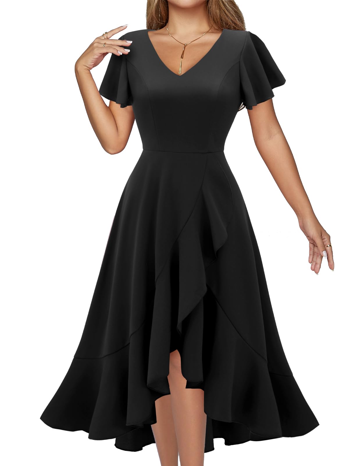 DRESSTELLS Women's Cocktail Dresses 2025 | Elegant V-Neck Formal Wedding Guest Dress with Ruffle Detail | Vintage Inspired Prom Party Evening Gown | Perfect for Weddings, Galas & Special Occasions