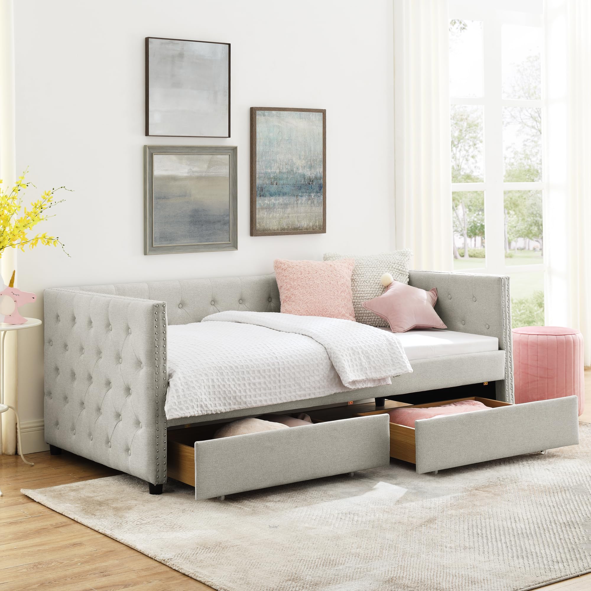 SOFTSEA Twin Size Upholstered Tufted Sofa Bed with 2 Storage Drawers - Convertible Daybed with Button Tufting & Copper Nail Trim Arms in Beige | Perfect for Small Spaces, Guest Rooms & Studio Apartments