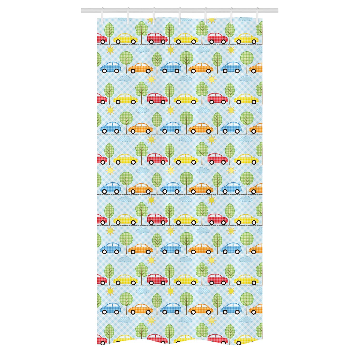 Ambesonne Cartoon Stall Shower Curtain - Checkered Cars Trees Sun Geometric Design Bathroom Decor, 36x72 Inch with Hooks, Waterproof Fabric for Kids & Adults - Perfect for Bathroom, Dorm, RV & Beach House
