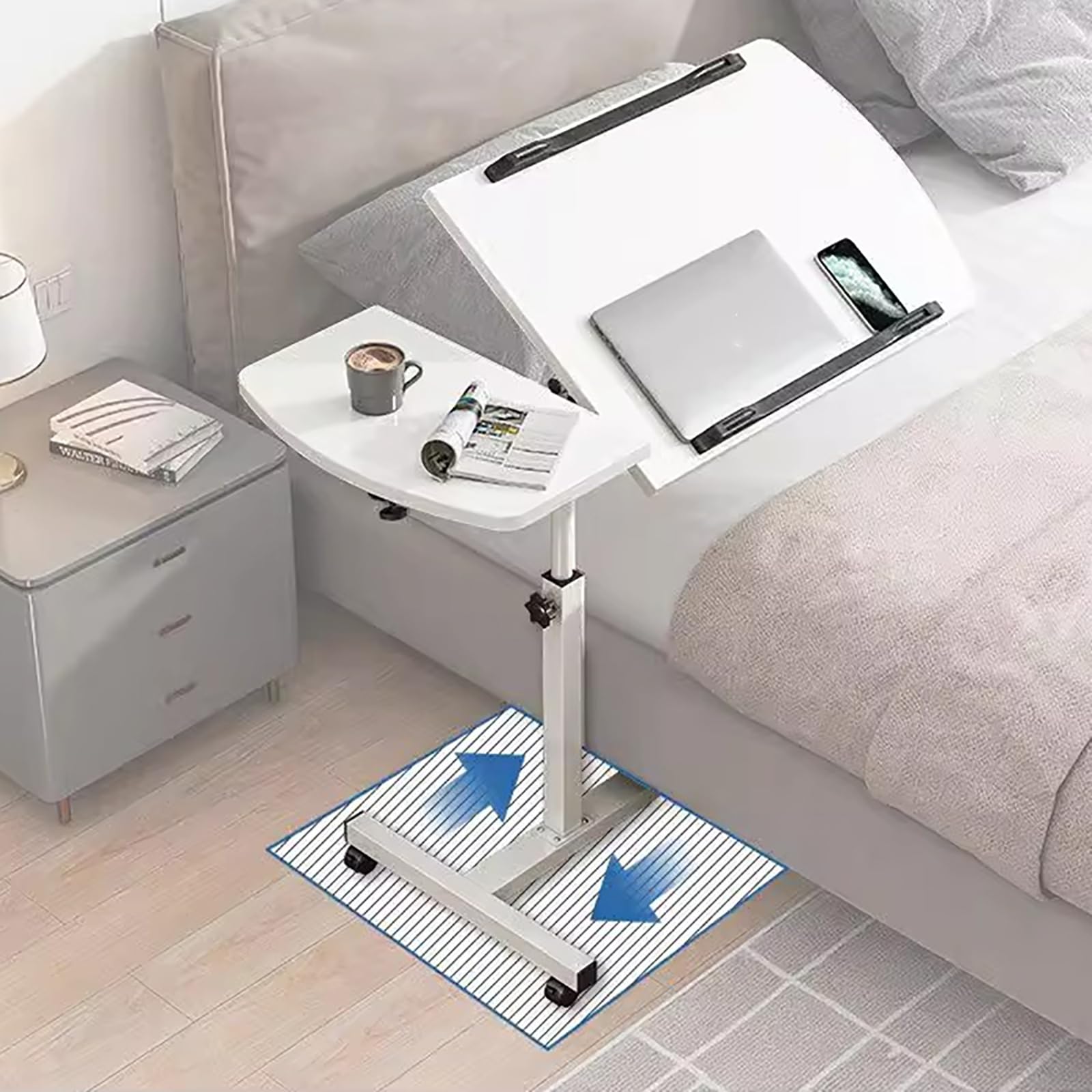 Adjustable Overbed Bedside Table with Wheels - Portable Hospital & Home Bed Tray with Composite Top (Black) - Perfect for Meals, Reading & Recovery in Bed
