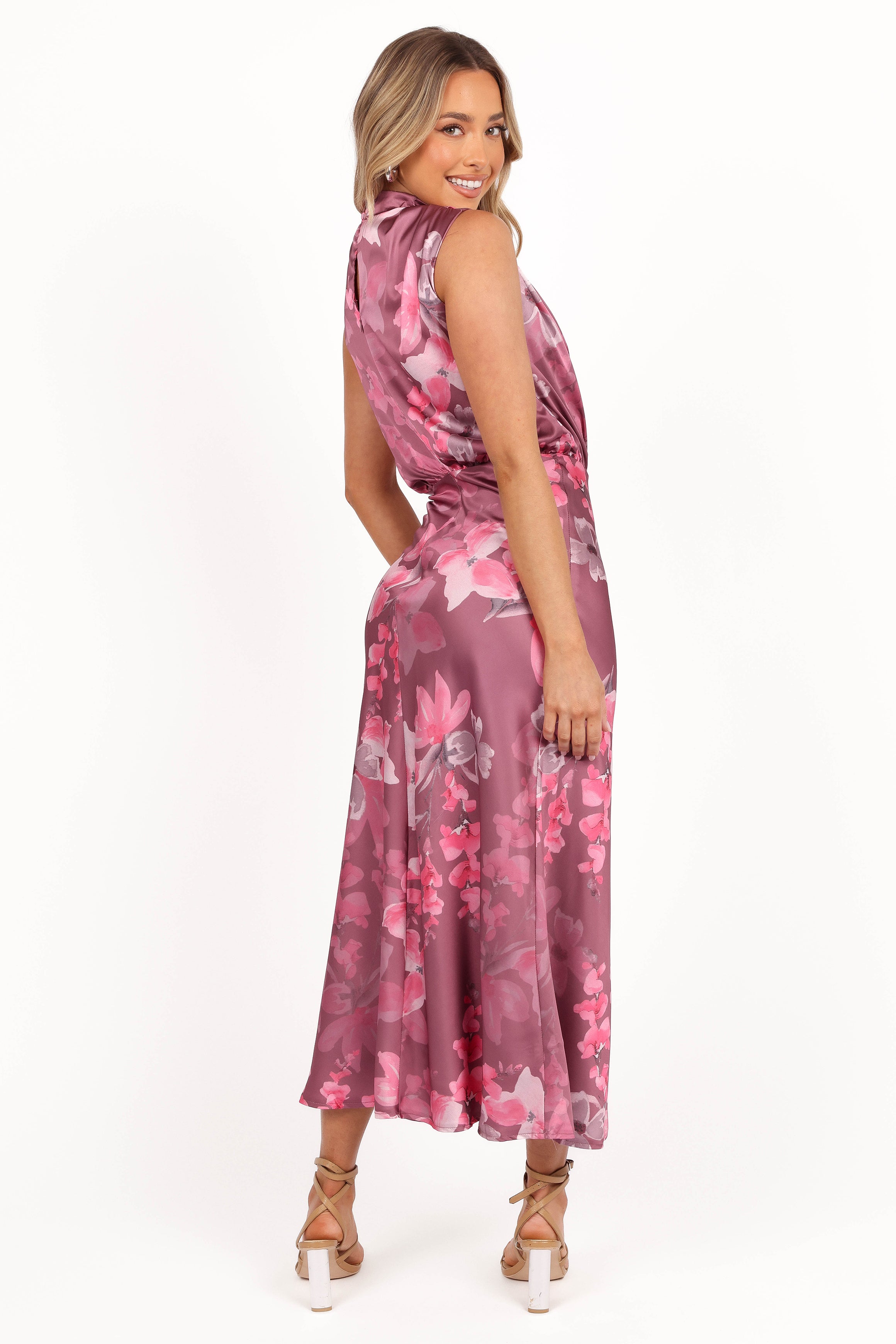 Anabelle Halter Neck Midi Dress - Dark Rose Floral Print Summer Dress for Women | Perfect for Beach Vacations, Date Nights & Garden Parties
