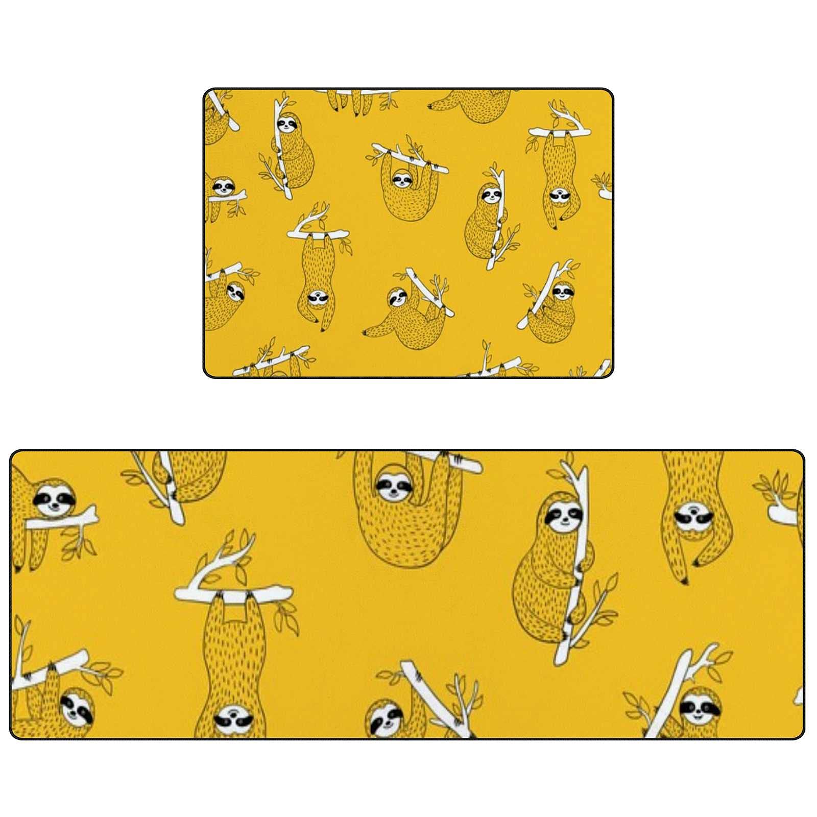 Non-Slip Cute Baby Sloths Pattern Kitchen Rug Set - 2 PCS Anti-Fatigue Water Absorbent Foam Mats (17.7x58 INCH + 17.7x29 INCH) for Kitchen, Bathroom & Entryway Floor Comfort