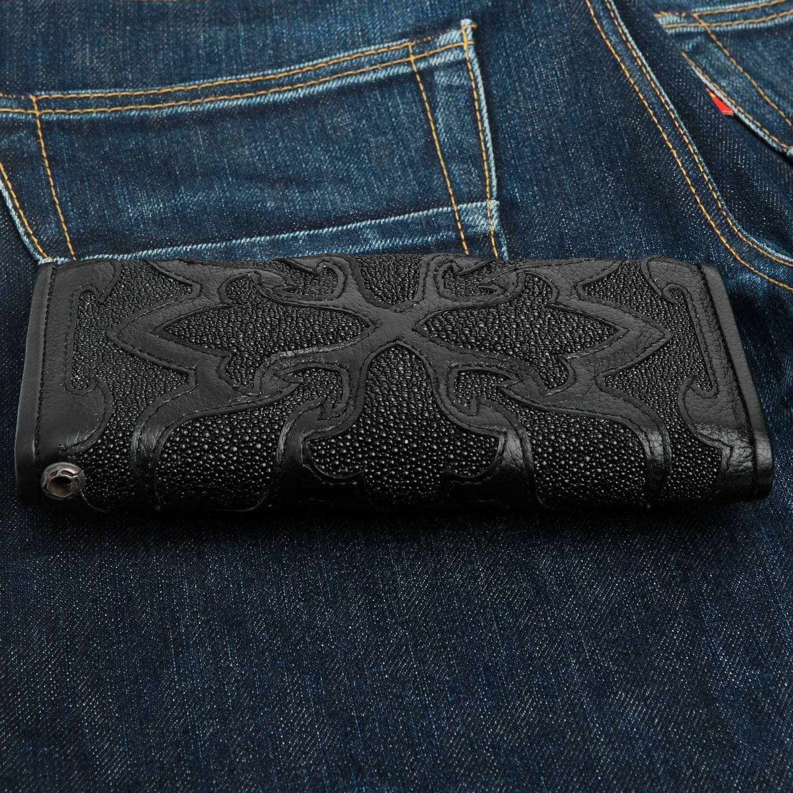 Tribal Black Genuine Leather Trifold Biker Wallet for Men - RFID Blocking Motorcycle Wallet with ID Window & Card Slots - Perfect for Riders, Travel & Everyday Use