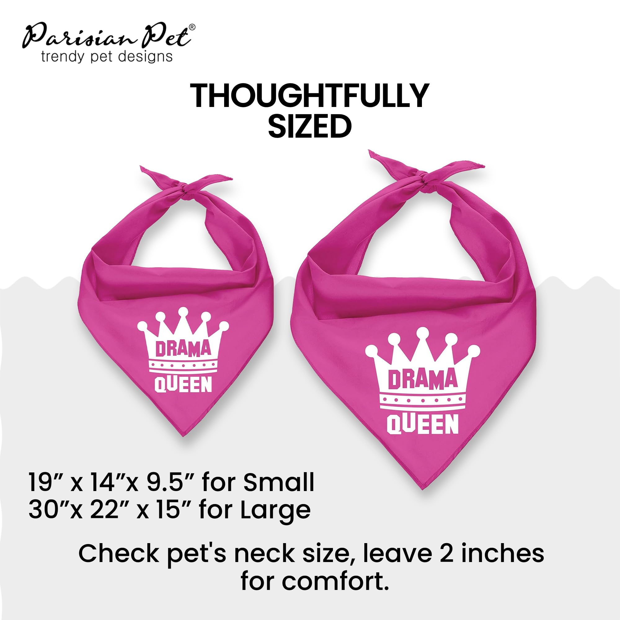 Parisian Pet Dog Bandanas - 'Drama Queen' Printed Adjustable Dog Scarf for Small Dogs | Washable Polyester Triangle Bandana in Elegant Pink | Perfect for Pet Fashion, Birthday Parties & Photo Shoots