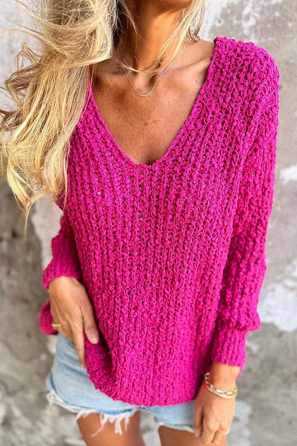 Solid Color V-Neck Long Sleeve Loose Knit Sweater for Women - Cozy Casual Pullover for Fall & Winter Outfits, Office Wear and Weekend Relaxation