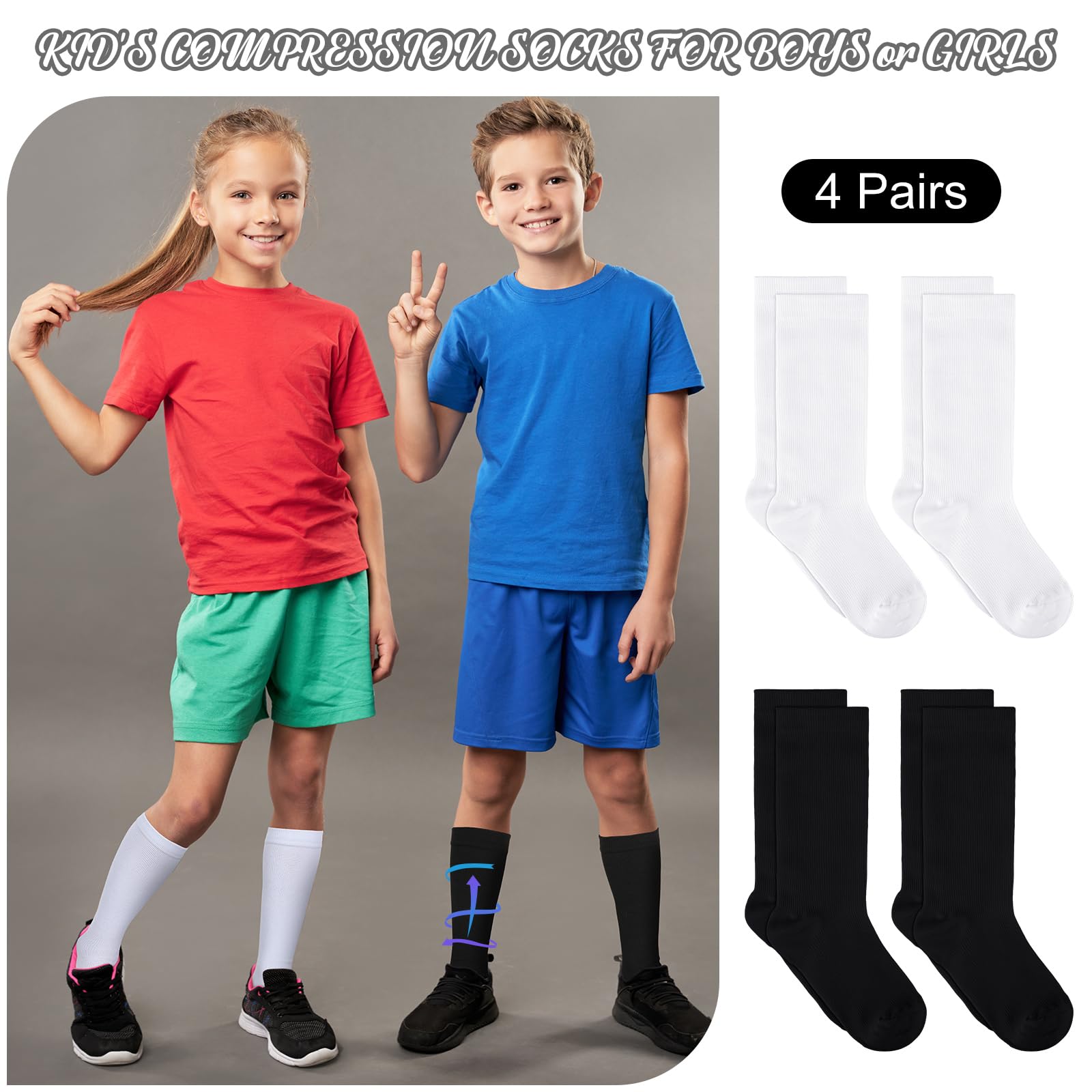 4 Pairs Kids Compression Socks 15-20 mmHg - Knee High Support Stockings for Children, Boys & Girls - Perfect for Travel, Sports & School Activities