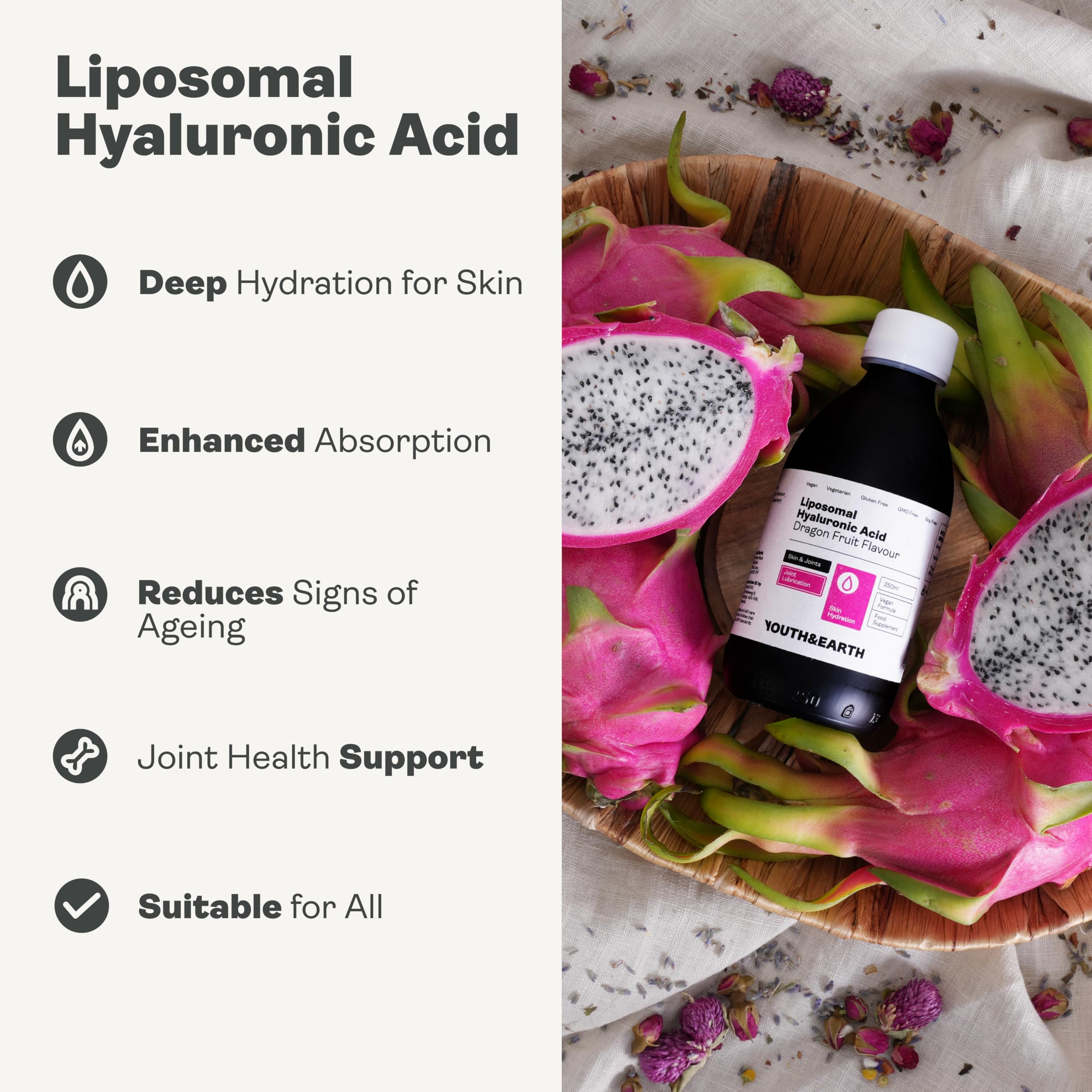 Youth & Earth Liposomal Hyaluronic Acid Liquid Supplement - Pure Vegan Hyaluronic Acid for Skin Hydration & Joint Support - Dragon Fruit Flavor (250ml) - Perfect for Daily Skincare Routine & Active Lifestyle
