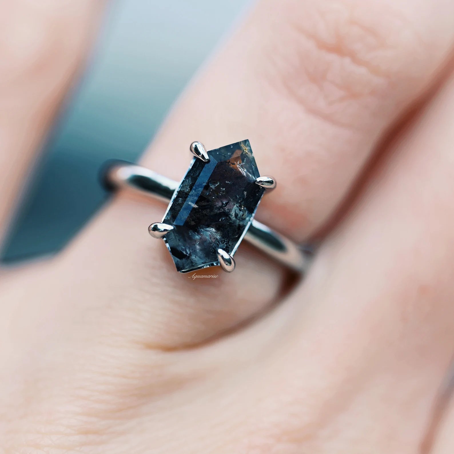 Hexagon Galaxy Raw Salt & Pepper Herkimer Diamond Ring - Sterling Silver Jewelry for Women, Unique Handmade Wedding Engagement Gift, Boho Hippie Style Accessory for Everyday Wear & Special Occasions