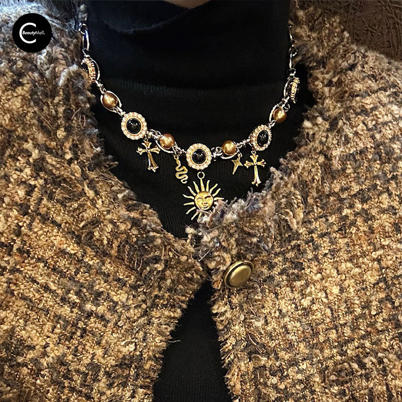 LATAO Medusa Black Gold Cross Sun Pearl Vintage Necklace for Women - Gothic Jewelry, Fashion Statement, Perfect for Parties, Weddings & Special Occasions