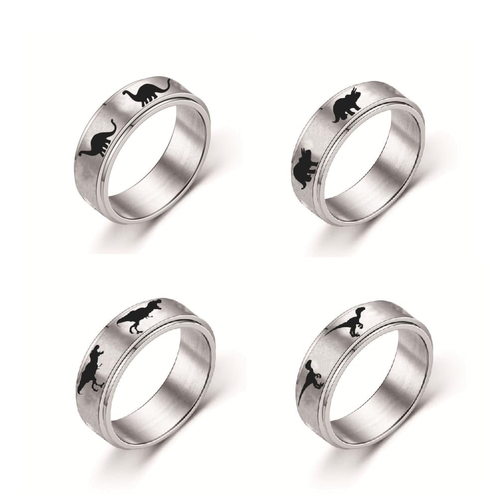 Dinosaur Spinning Titanium Steel Decompression Rings - Triceratops, T-Rex, Raptor & Plesiosaur Set (4 Pack) for Women & Men, Stress Relief Fidget Rings - Perfect Gift for Teens, Boys & Girls | Anxiety Relief, Focus Aid & Stylish Accessory