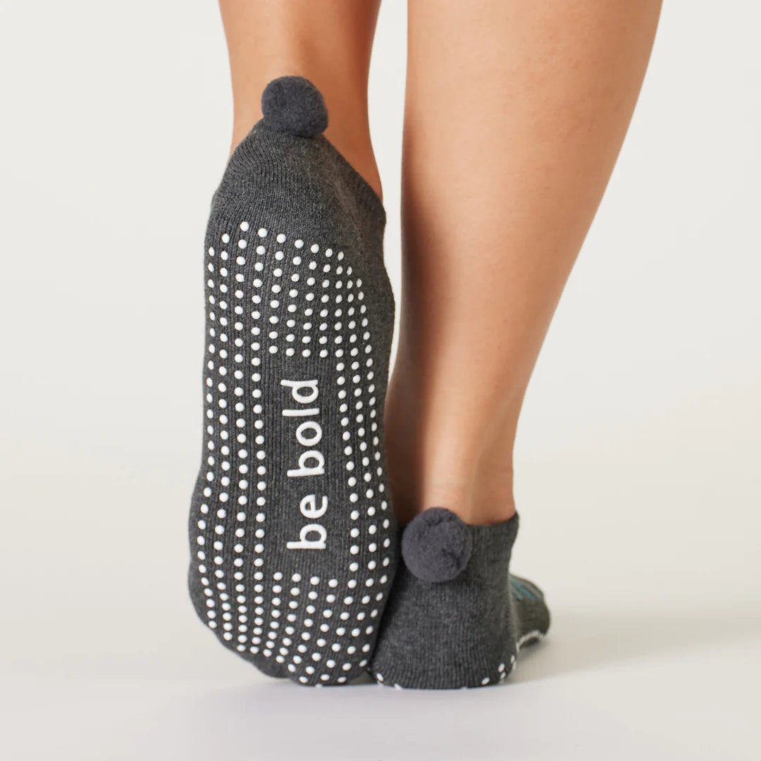 Women's Non-Slip Grip Socks with Pom Pom - Bold Grey Sticky Be Socks for Yoga, Pilates & Home Wear