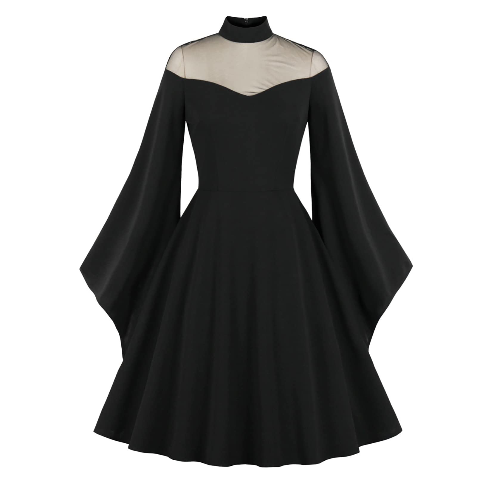 Gothic Retro Black Mesh Long Sleeve Emo Dress for Halloween, Evening Ball, and Vintage Themed Parties - Elegant Lace Detailing for Women's Gothic Fashion