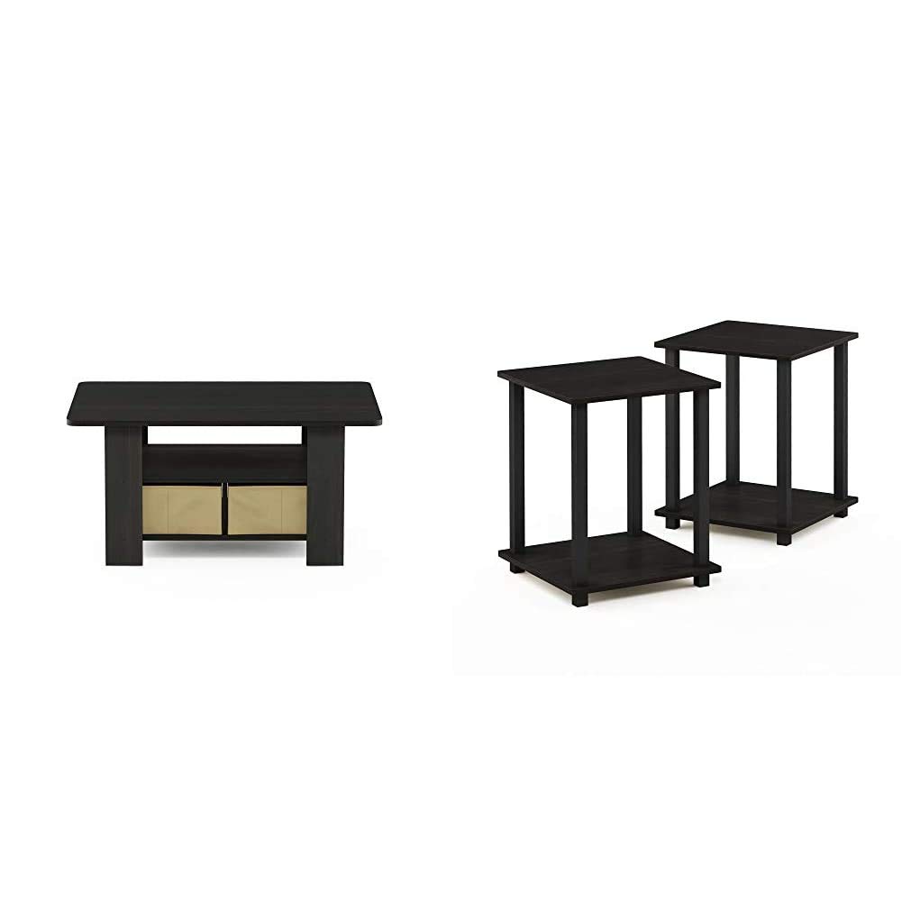 Furinno Coffee Table with Storage Bins & 2 End Tables - Modern Living Room Furniture Set for Small Spaces | Perfect for TV Stand, Sofa Side Table & Home Organization