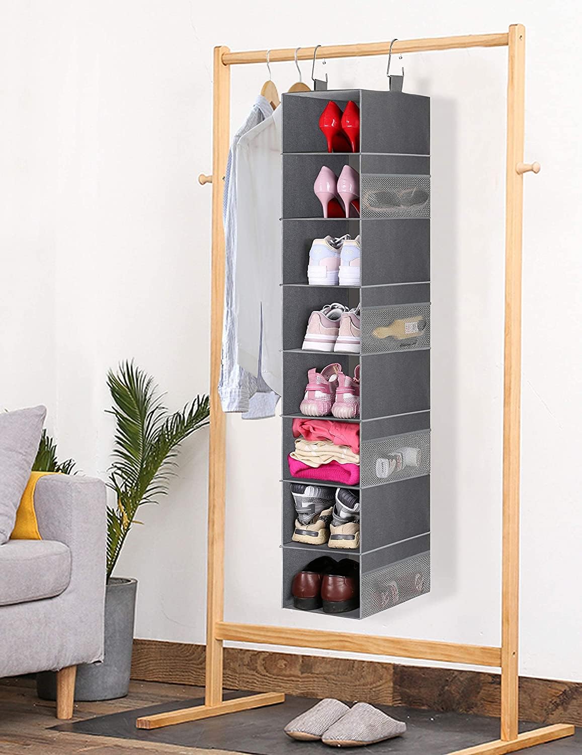 MISSLO Hanging Shoe Organizer with 8 Large Shelves & Side Mesh Pockets - Space Saving Closet Storage for Shoes, Handbags, Clothes & Hats (Grey) | Perfect for Small Spaces, Walk-in Closets & Dorm Room Organization